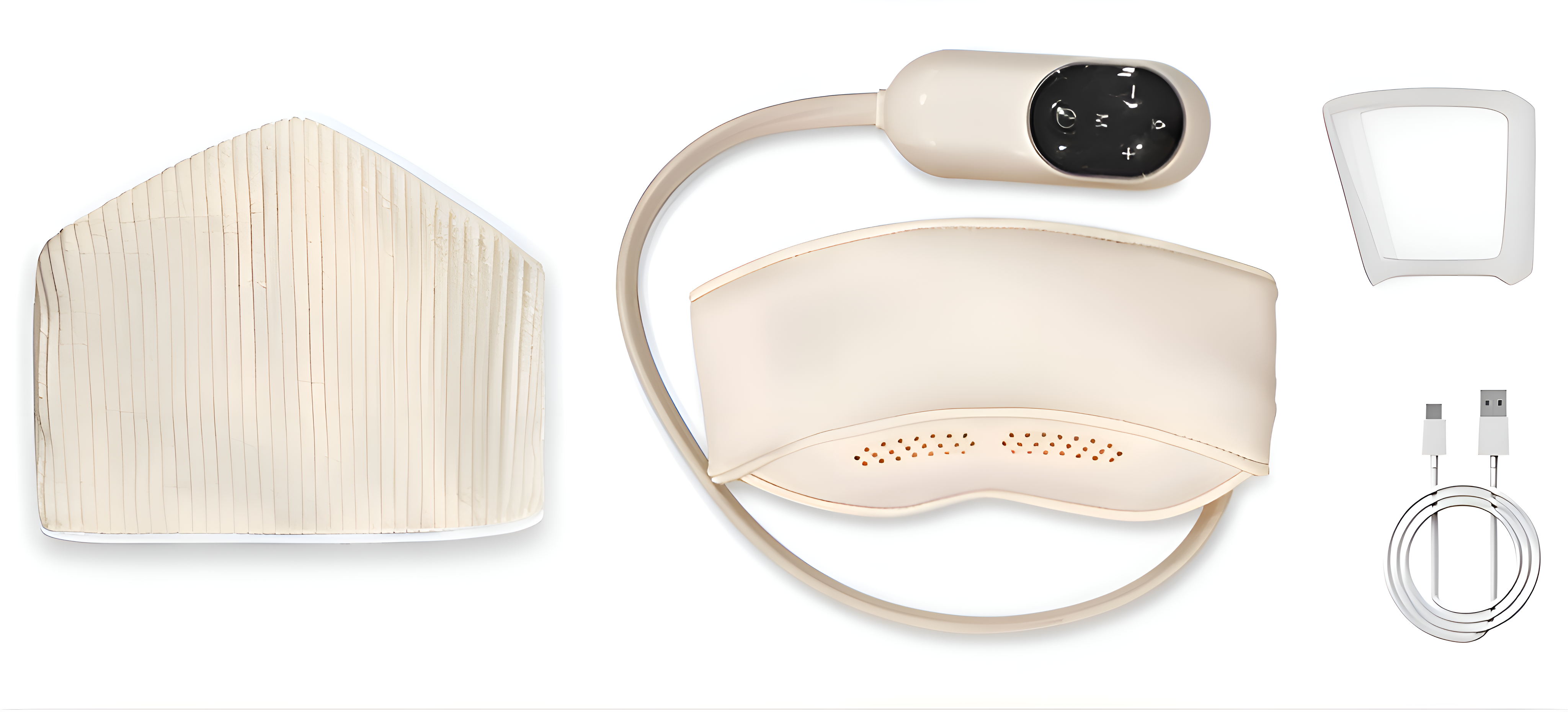 Ein weißer Augenmassagegerät mit Controller, eine weiße Gesichtsmaske und USB-Kabel.