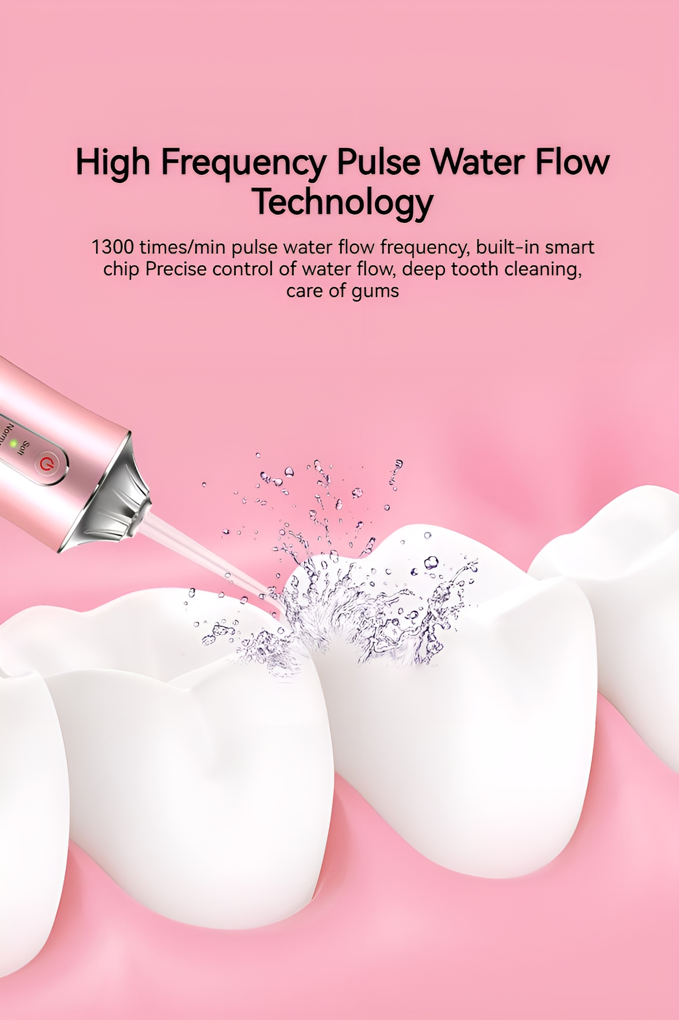 Rosa Wasser-Flosser, der Wasser zwischen die Zähne sprüht, mit Text über die Technologie.