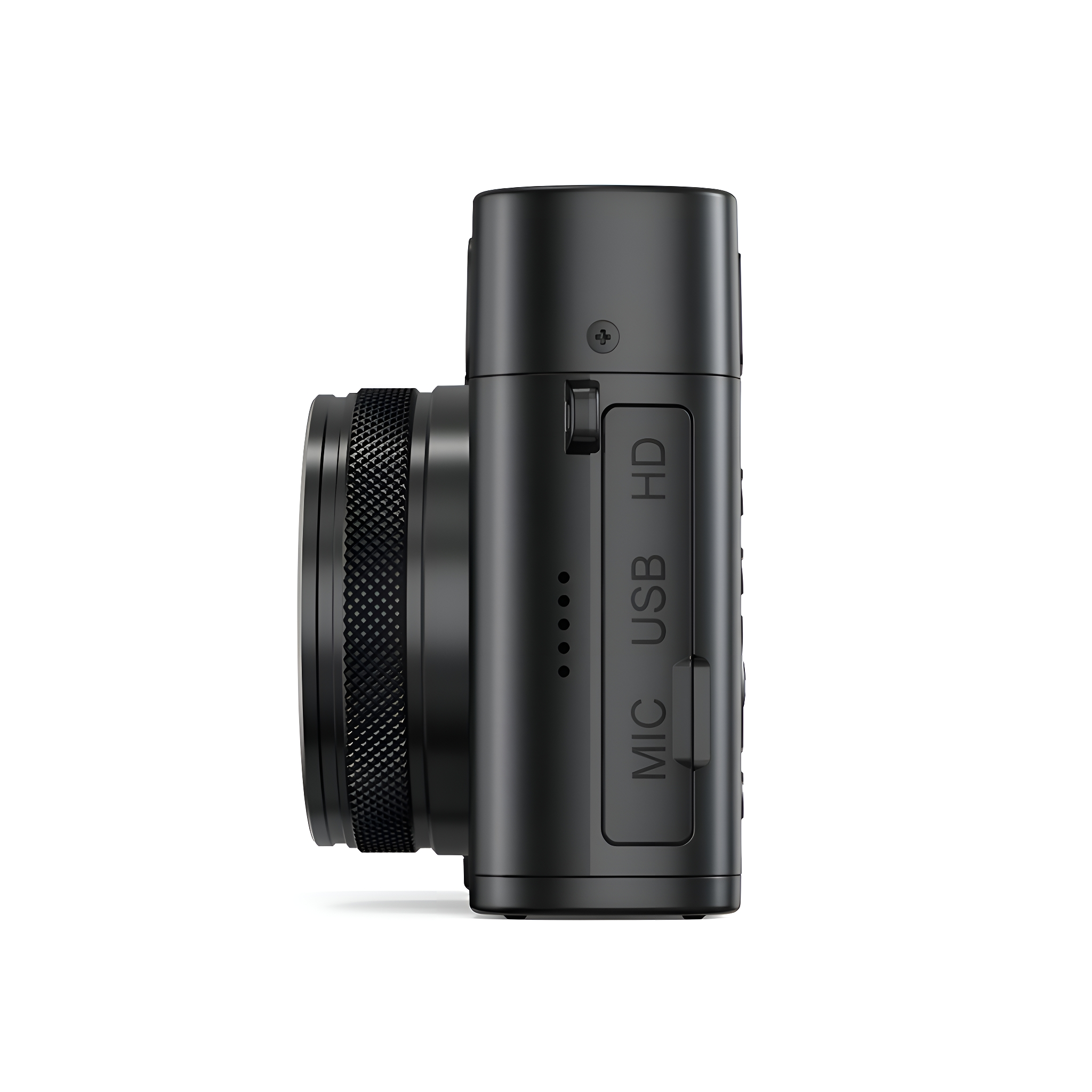 Eine schwarze Dashcam mit Objektiv und seitlichen Merkmalen: MIC, USB und HD.