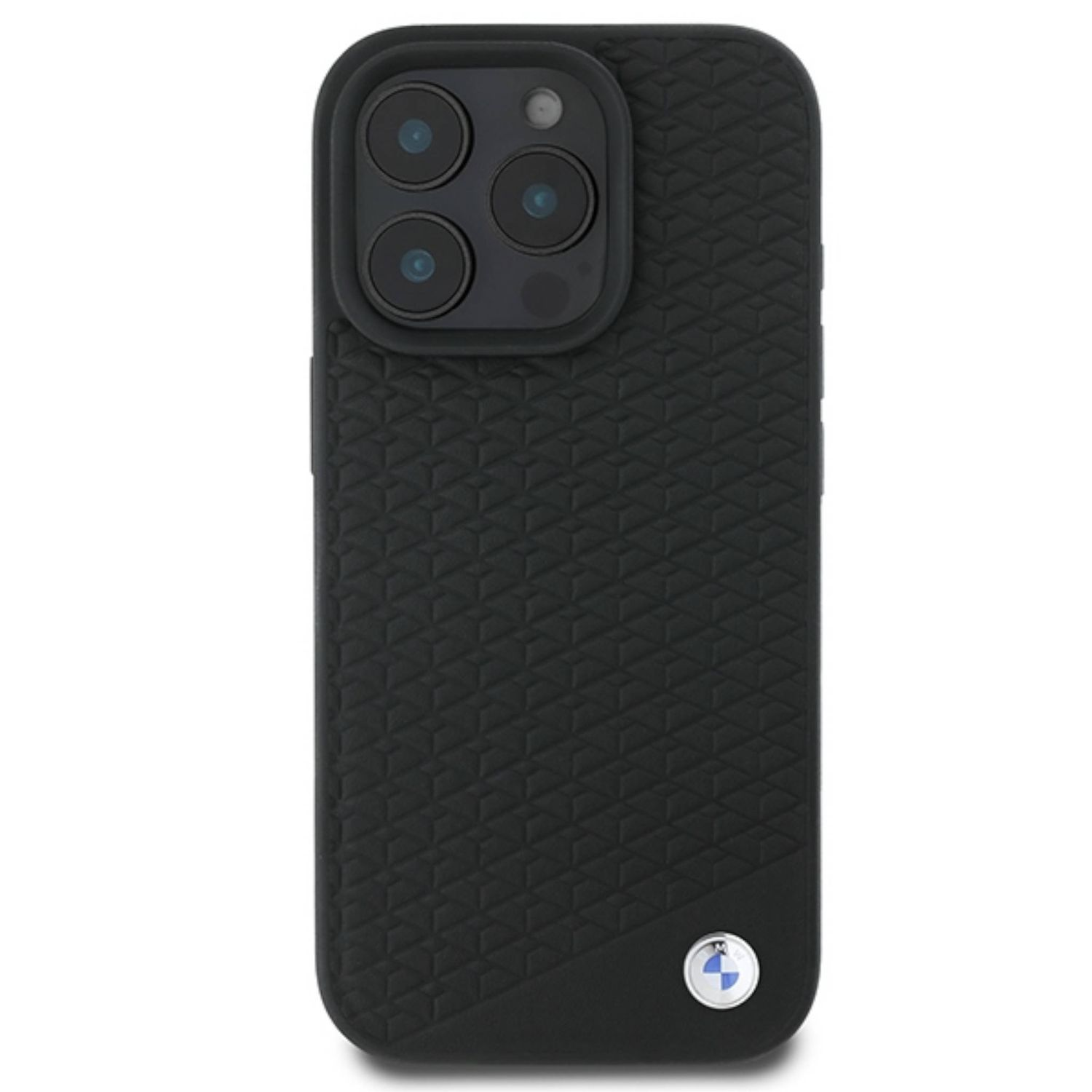 Custodia per telefono nera con design strutturato e logo BMW. Sfondo bianco.
