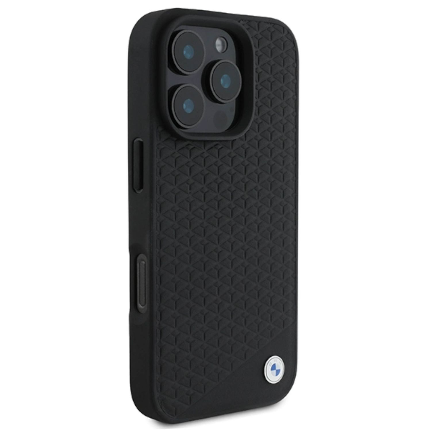 Una custodia per telefono nera con un design strutturato e un sistema di fotocamera, su sfondo bianco.