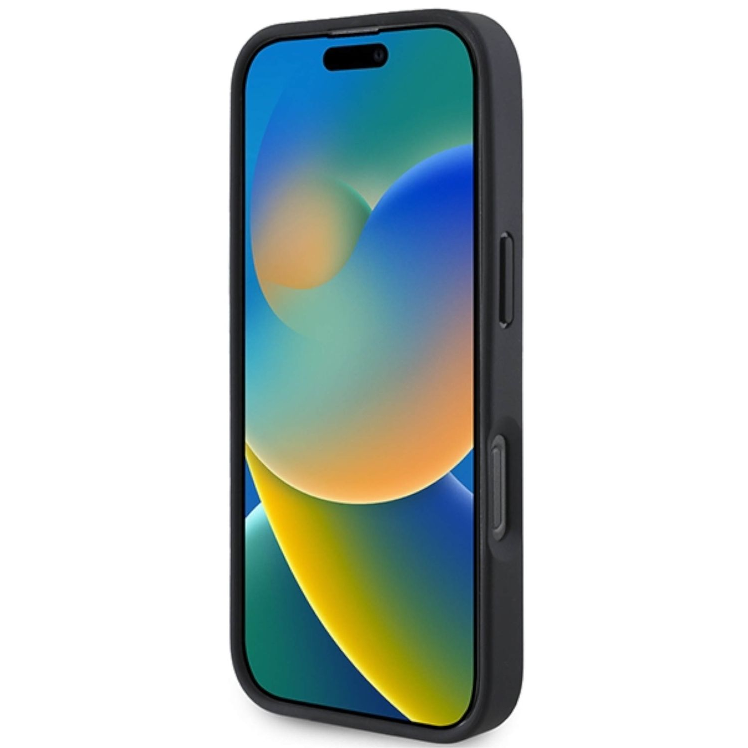 Telefono nero in custodia, schermo acceso, mostra un'immagine astratta colorata.