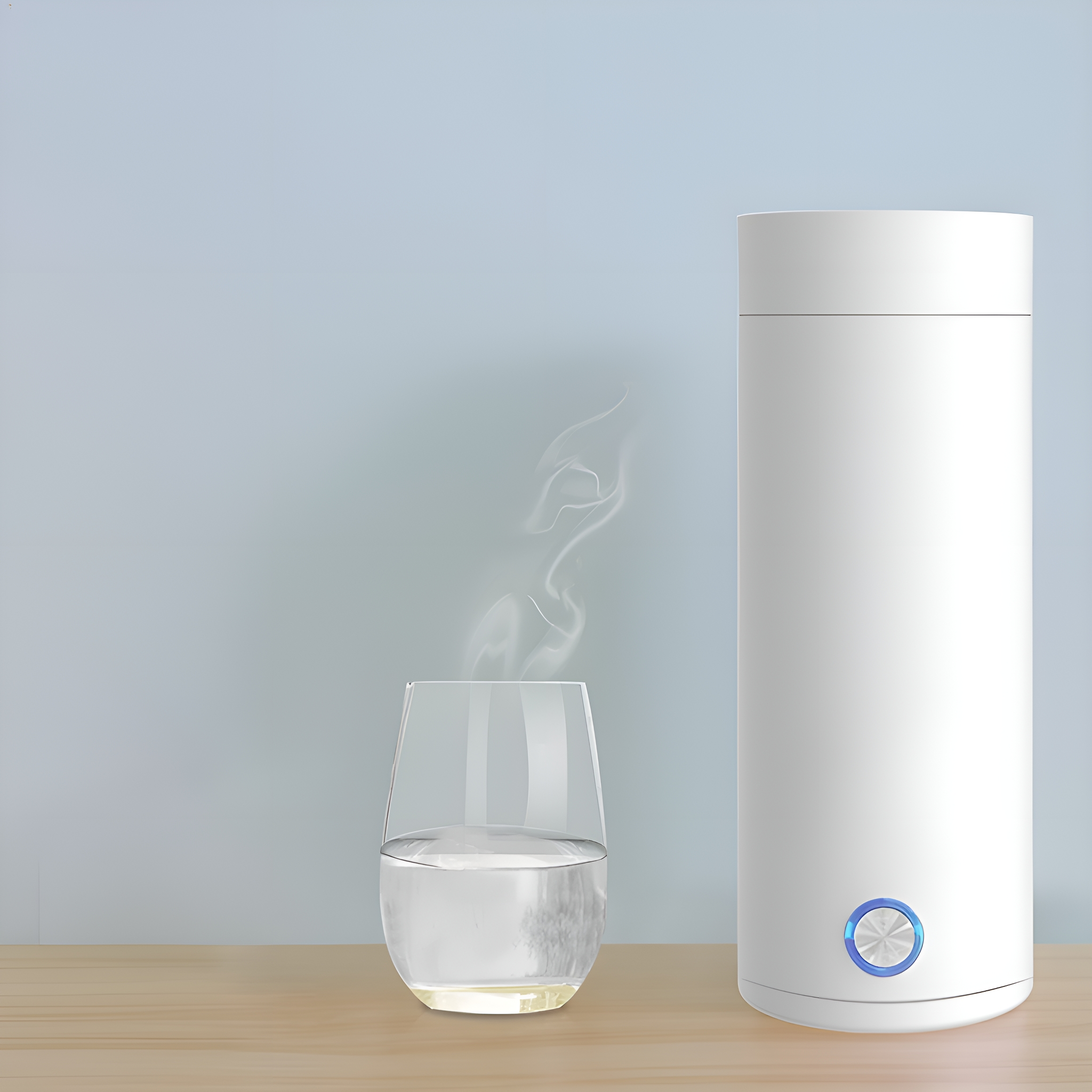 Ein weißer Wasserkocher und ein Glas Wasser mit aufsteigendem Dampf auf einem Holztisch.