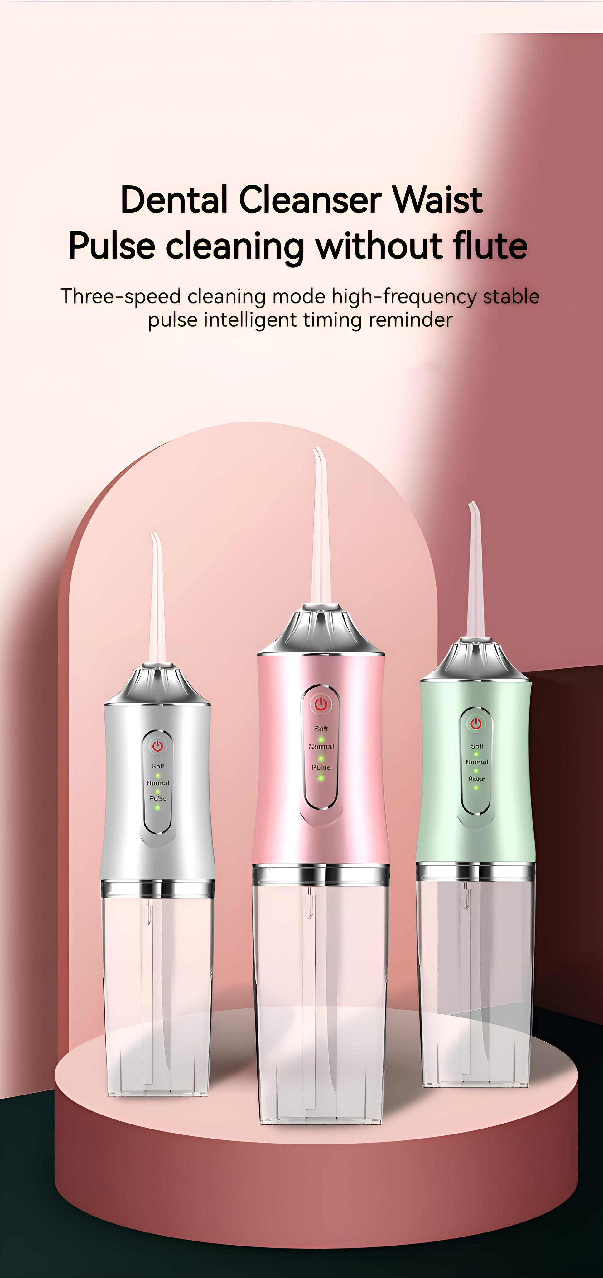 Drei Zahn-Wasserflosser: weiß, rosa und grün, mit rosa und weißem Hintergrund.