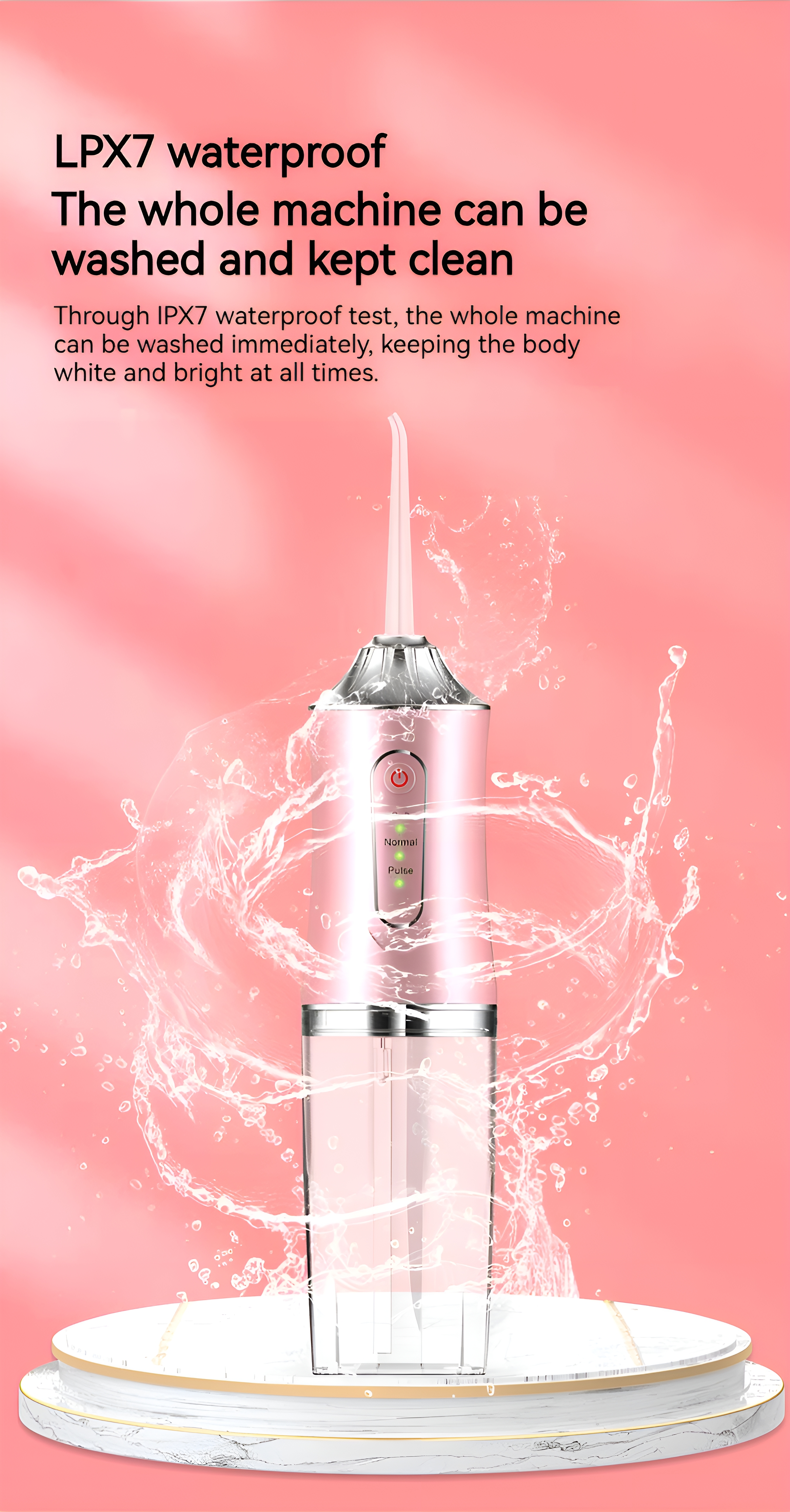 Ein rosa und silberfarbener Wasserflosser auf einem weißen Sockel. Text beschreibt die Funktionen.