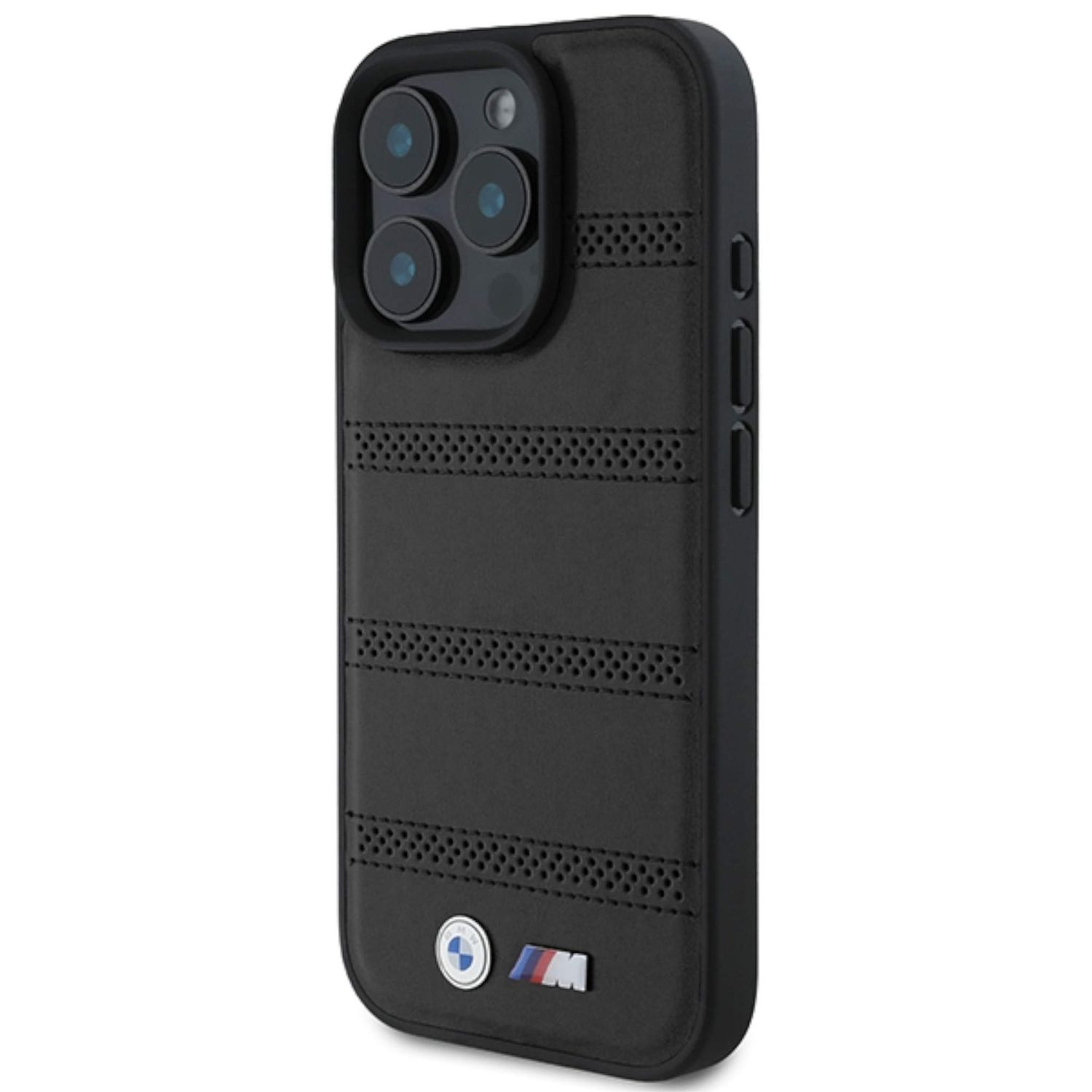 Una custodia nera per telefono con logo BMW e sistema a tripla fotocamera.