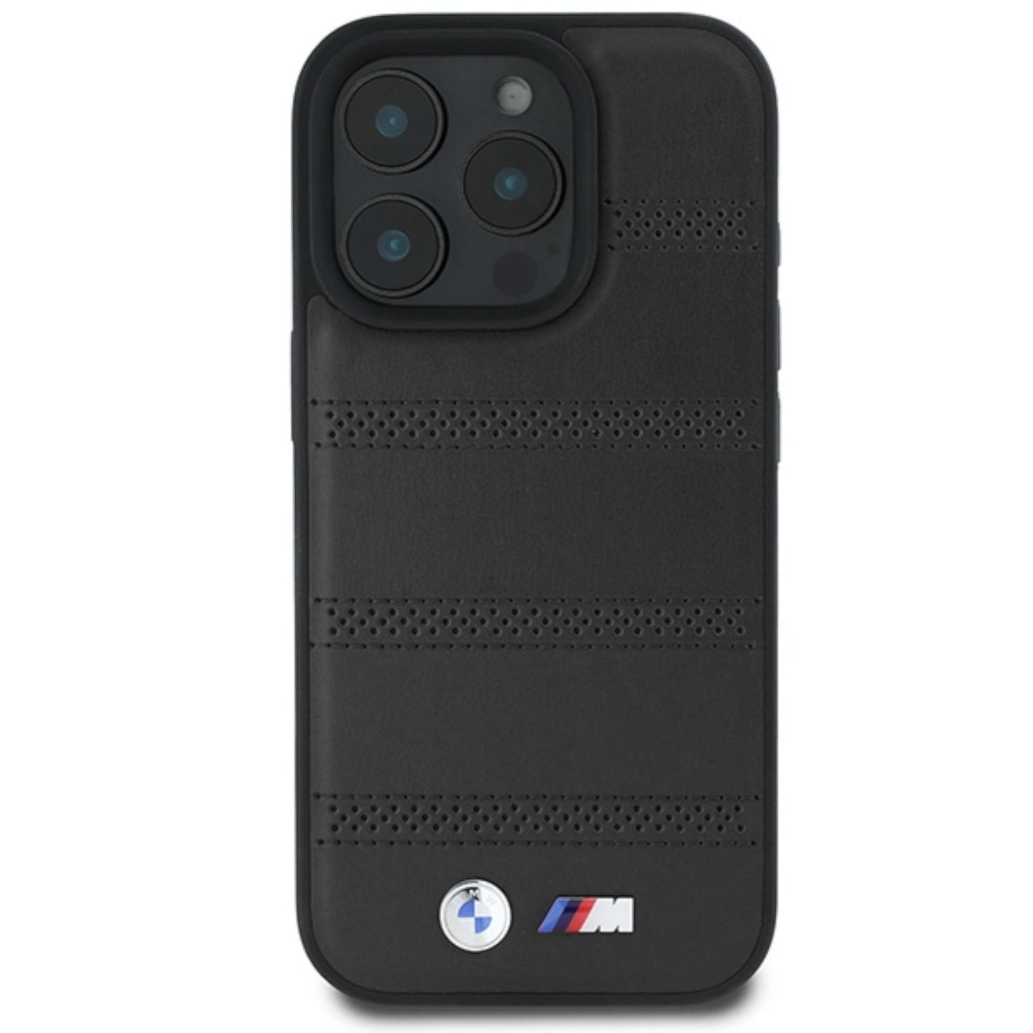 Custodia nera per iPhone con logo BMW e perforazioni, con tre obiettivi della fotocamera posteriore.