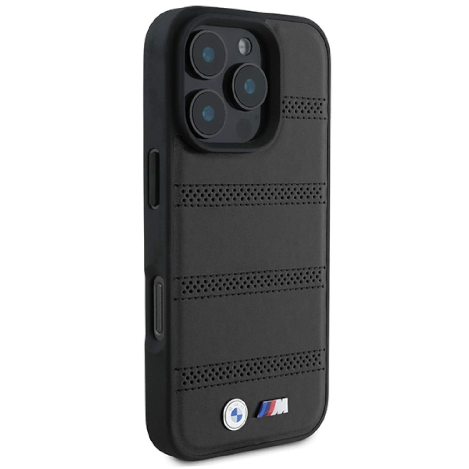 Una custodia per telefono BMW in pelle nera con logo BMW.
