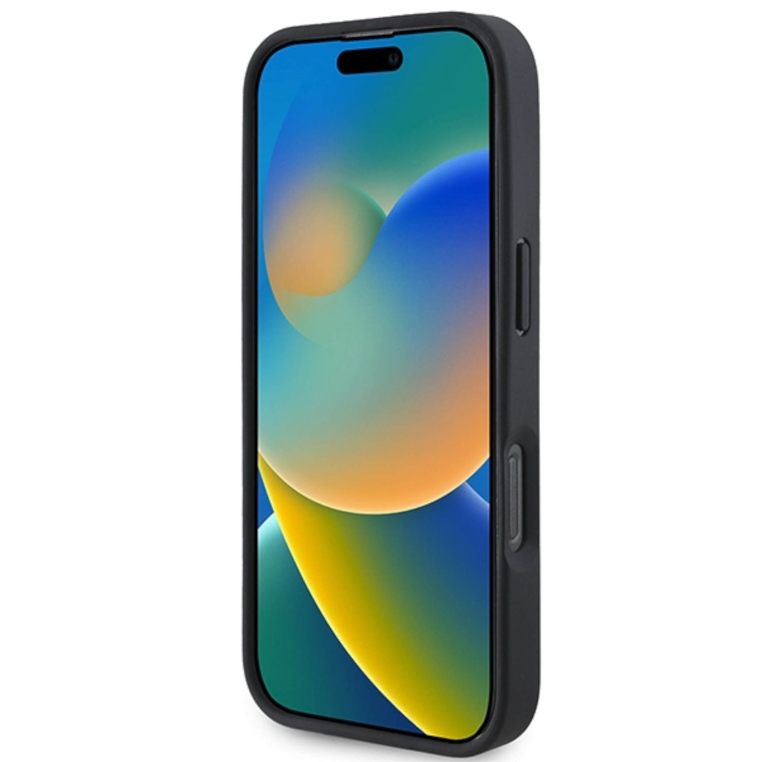 Smartphone in una custodia nera, che mostra uno sfondo astratto e colorato.