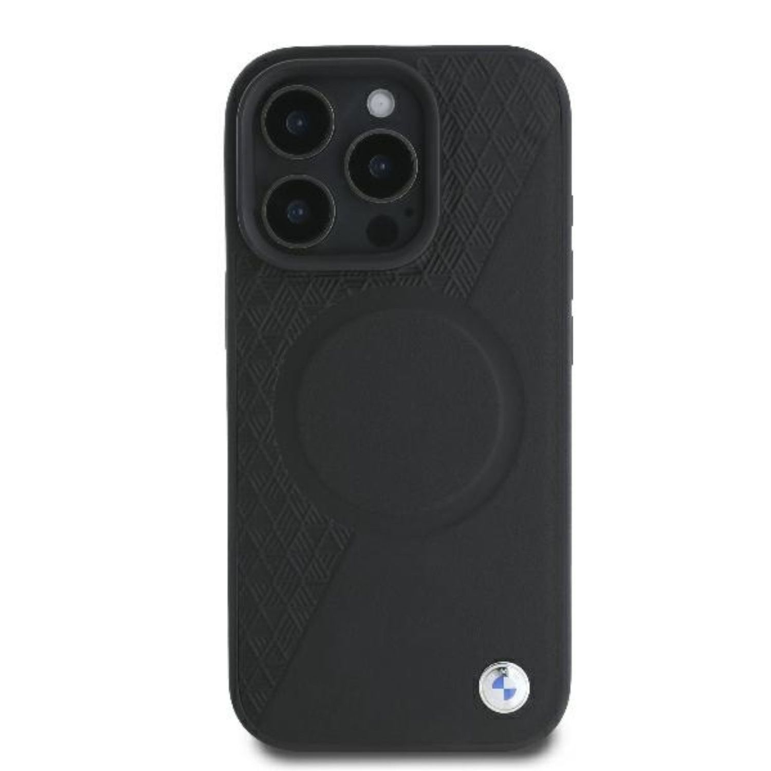 Custodia per telefono nera con cerchio magsafe e logo BMW. La custodia ha un design strutturato a metà.