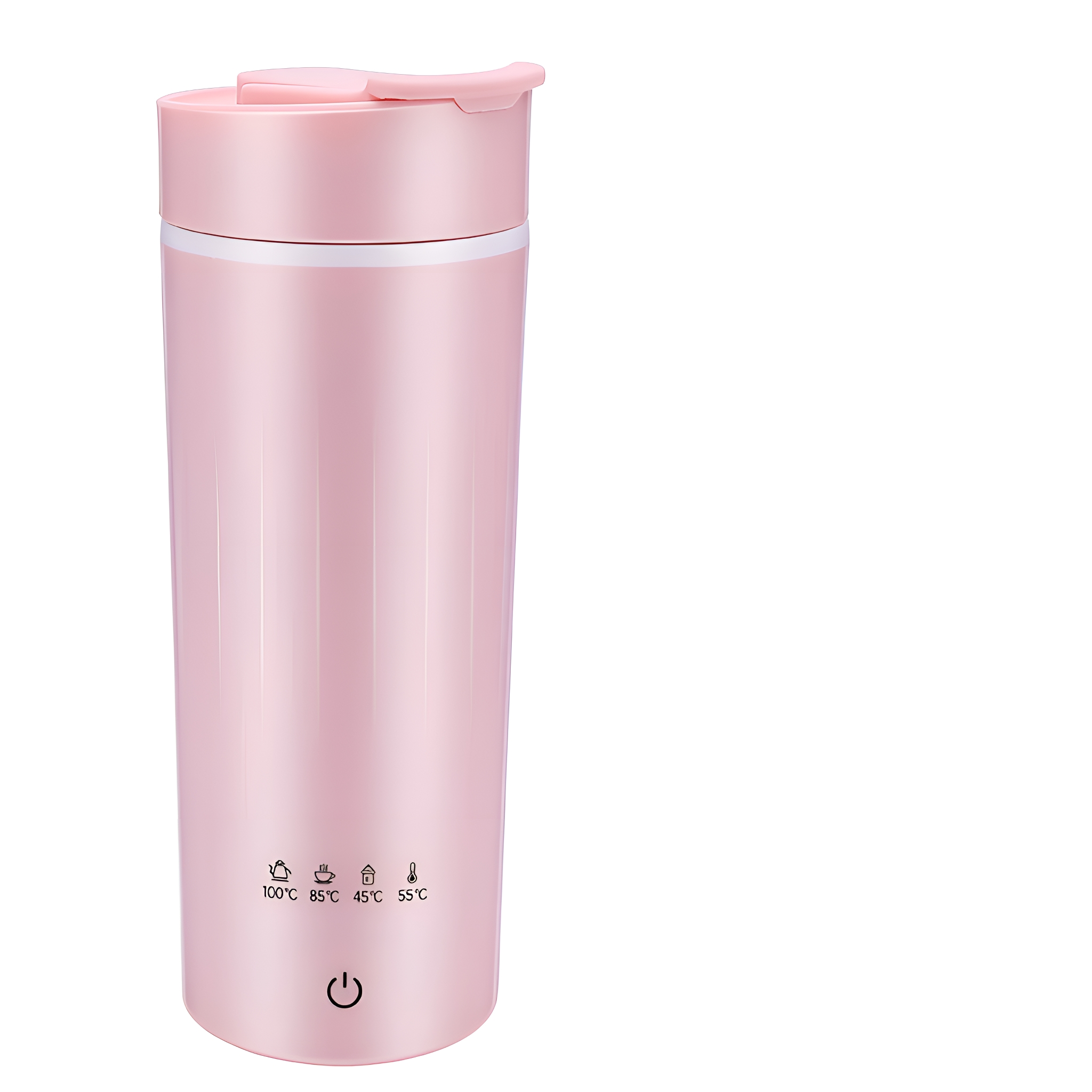 Ein rosa elektrischer Reisekessel mit Temperatureinstellungen und einem Ein-/Ausschalter.