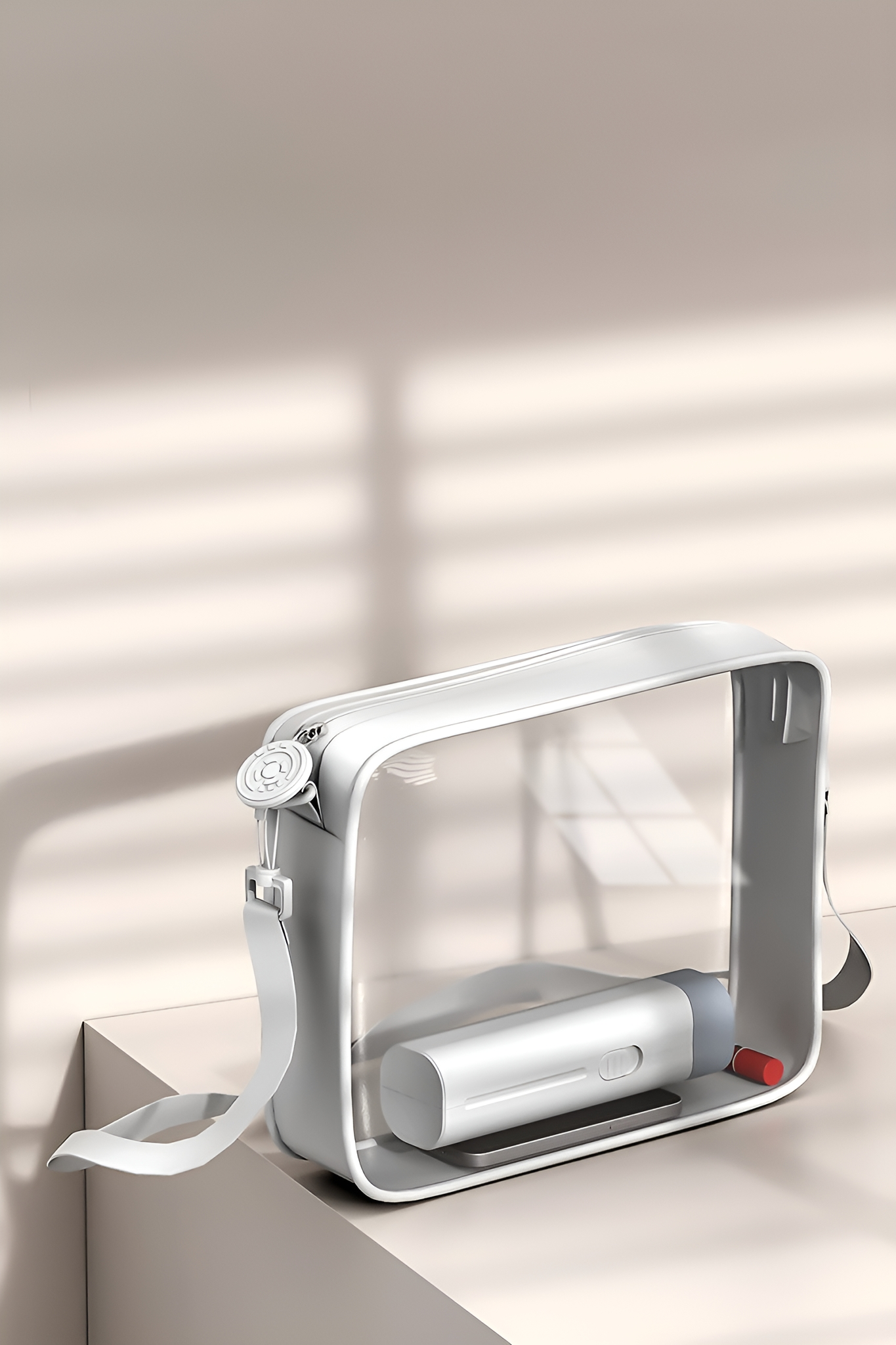 Eine transparente, rechteckige Tasche mit einem Gegenstand darin. Ein weißer Riemen und ein grauer Sockel.