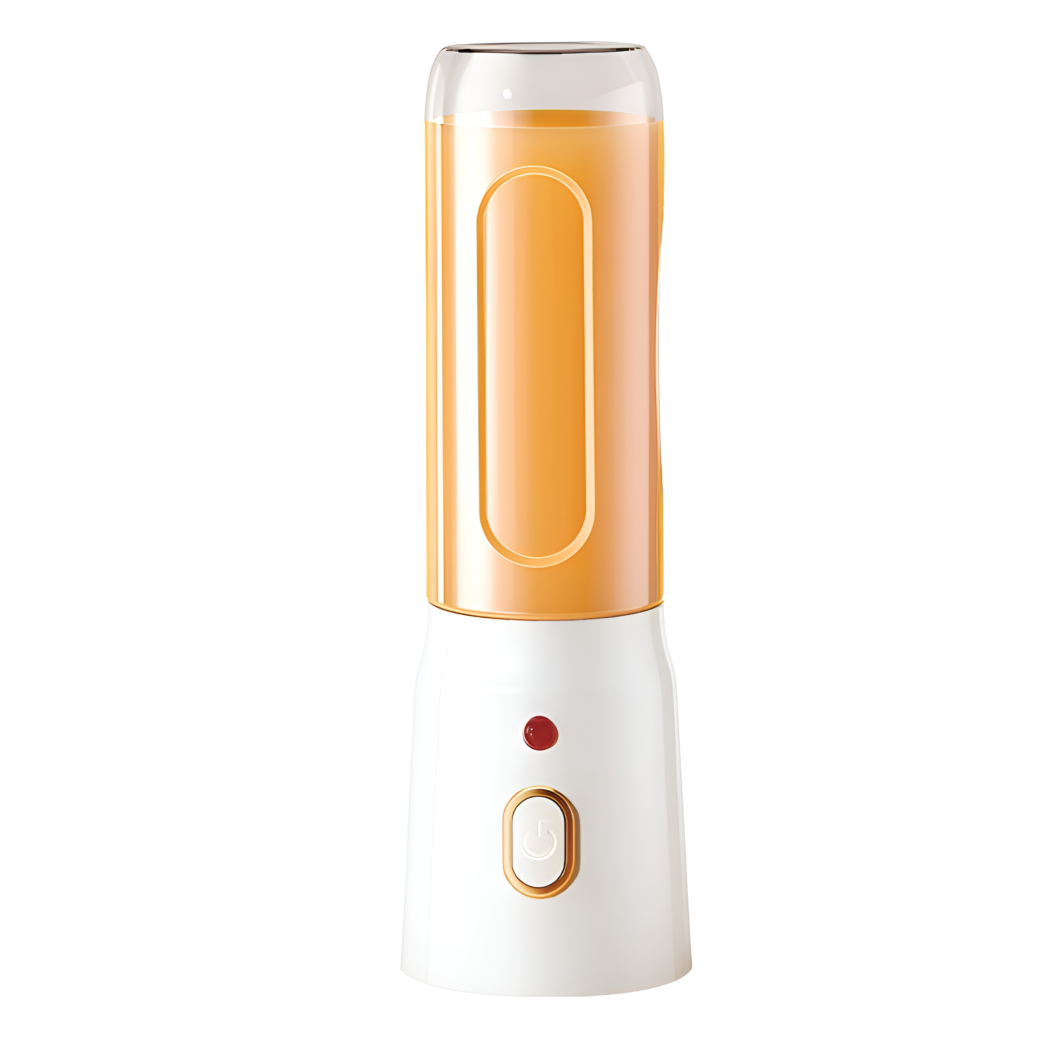 Ein weiß-oranger tragbarer Mixer mit einem Knopf, gefüllt mit orangener Flüssigkeit.