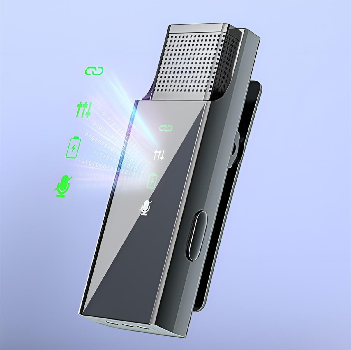 Silbernes Mikrofon mit Clip. Symbole für Link, Schallwellen, Batterie und Mikrofon sind darum herum.