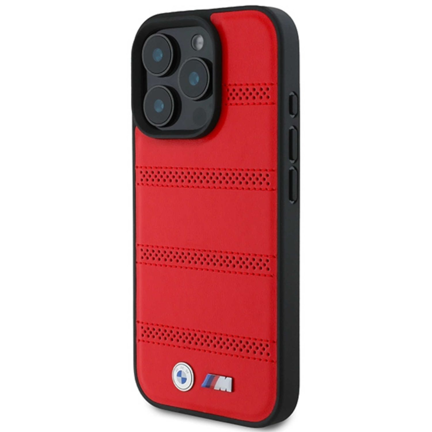 Custodia iPhone rossa con dettagli neri e logo BMW.