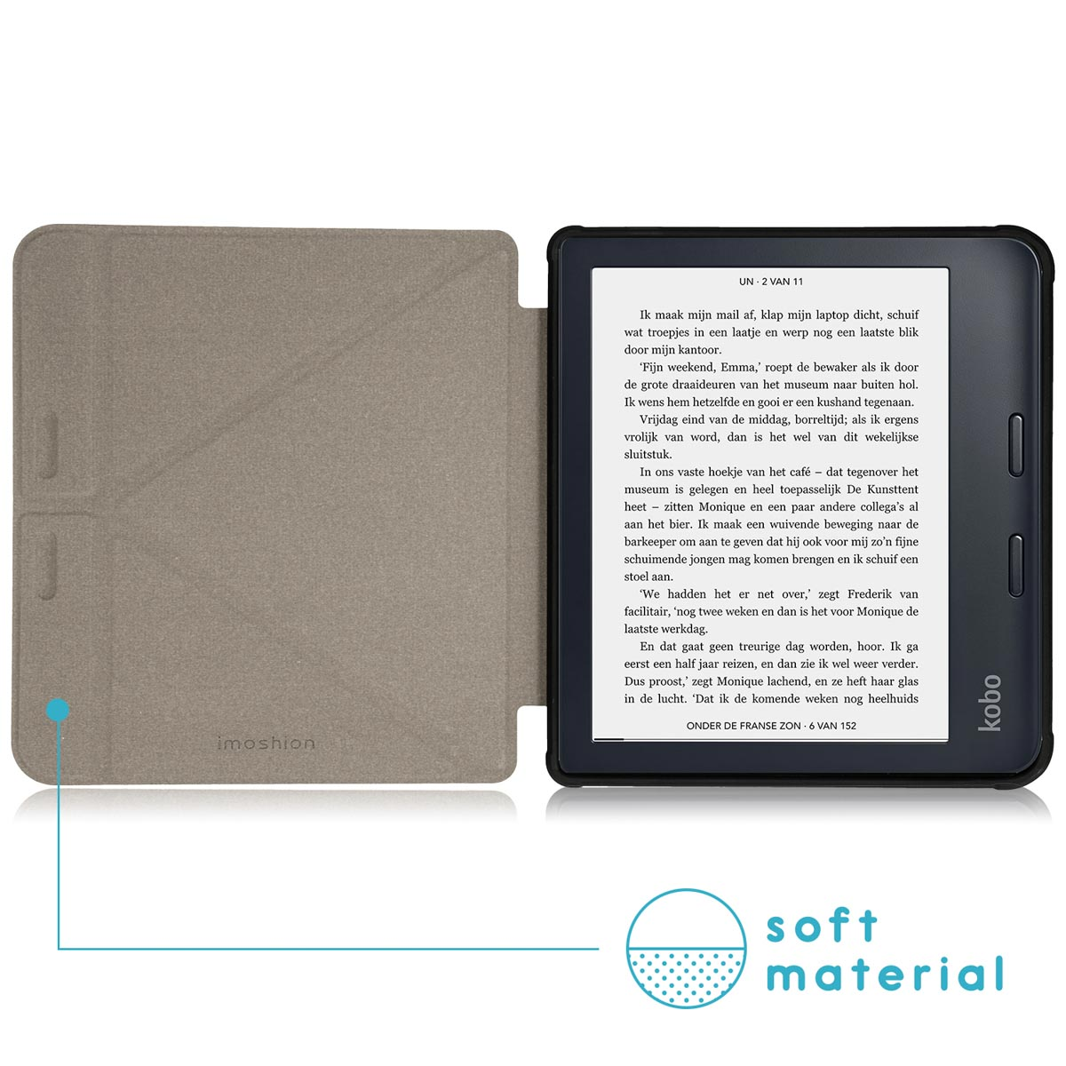 Une couverture de livre et un lecteur électronique. La couverture du livre est ouverte, le lecteur à droite.
