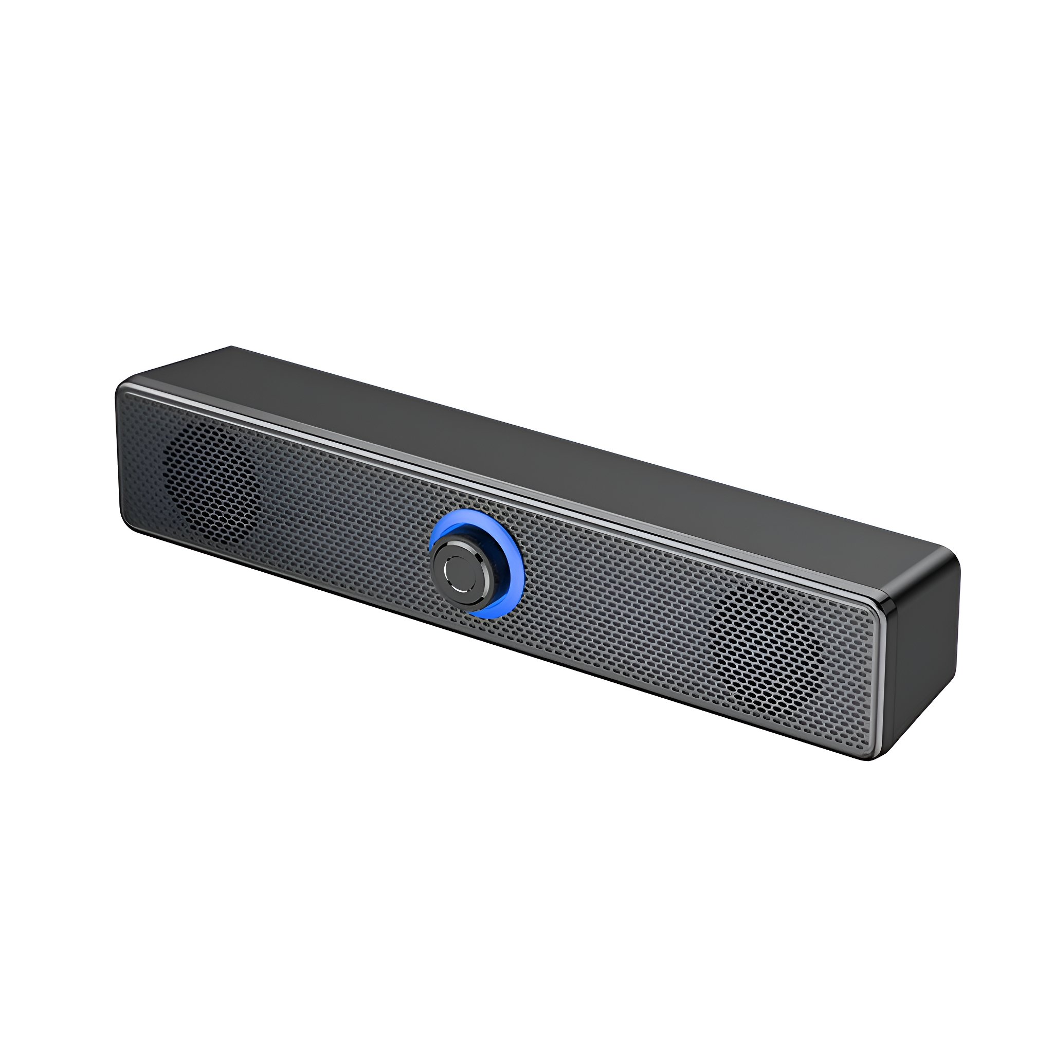 Eine schwarze rechteckige Soundbar mit blau beleuchtetem Lautstärkeregler und Lautsprechergitter.