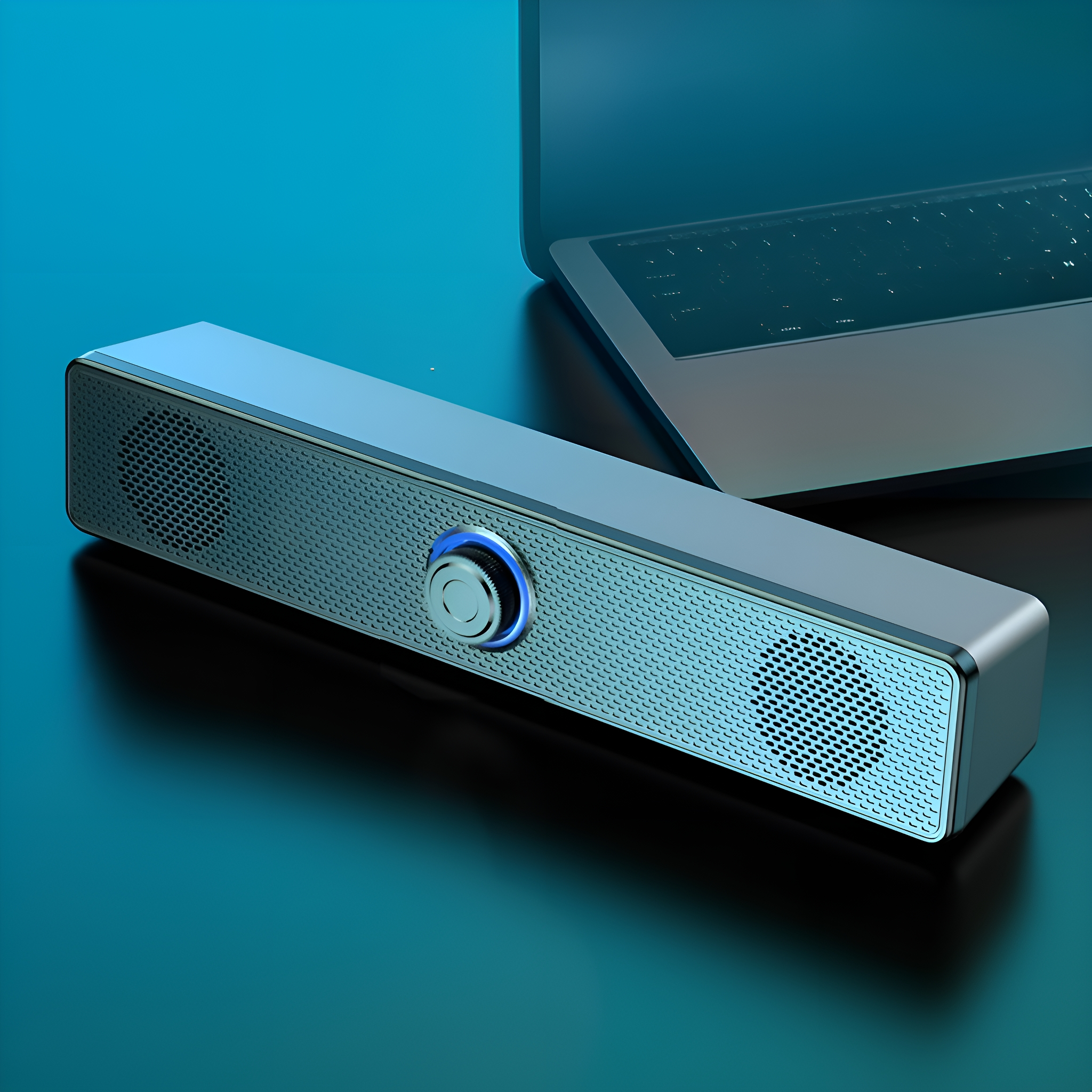 Silberne Soundbar mit blauem Licht um einen Lautstärkeregler. Schwarze Oberfläche und Laptop.