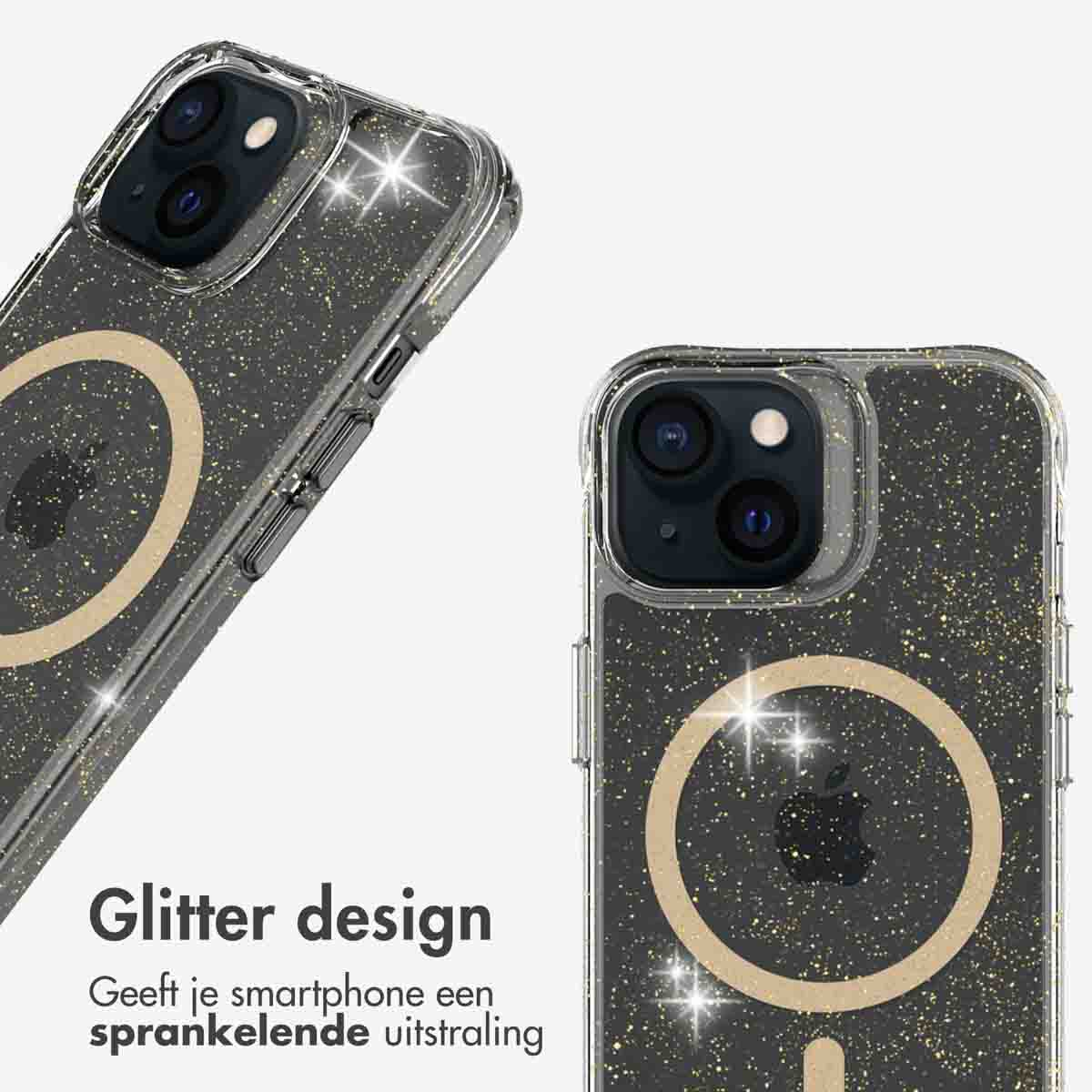 Two phone cases with glitter design. They have a clear back and a gold circle.