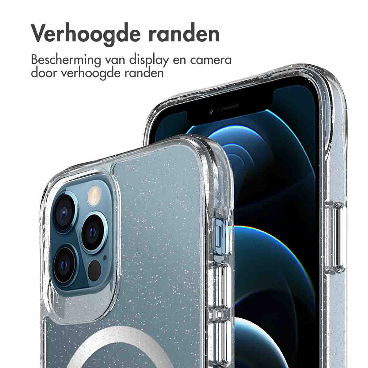 Transparante telefoonhoes op een telefoon. De hoes heeft verhoogde randen voor bescherming.