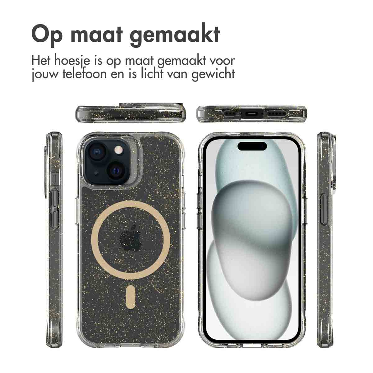 IMOSHION Glitter Back Cover with MagSafe 2.0 - Suitable for Apple iPhone 15 - Phone case for Apple iPhone 15 Gold
