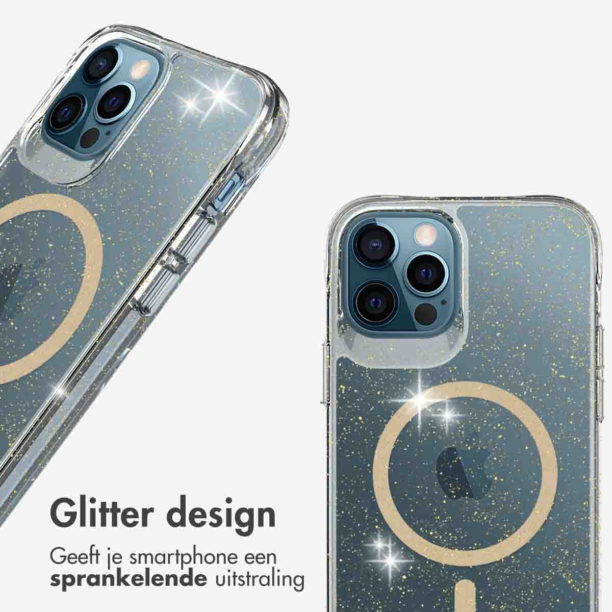 Twee telefoonhoesjes met glitterdesign en een gouden ring.