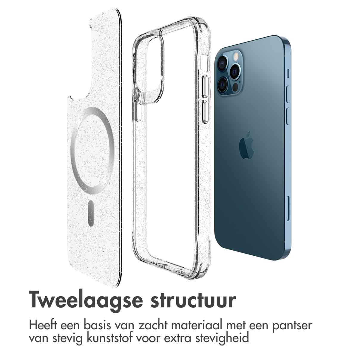 IMOSHION Glitter Backcover met MagSafe 2.0 - Geschikt voor Apple iPhone 12 (Pro) - Telefoonhoesje voor Apple iPhone 12/ iPhone 12 Pro Zilver