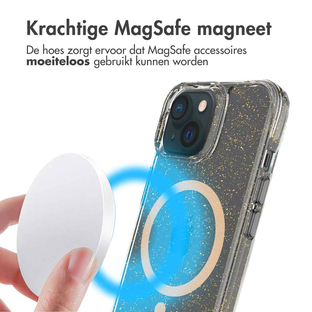 Phone case with a white disc and a phone. The case shows a magnetic ring.