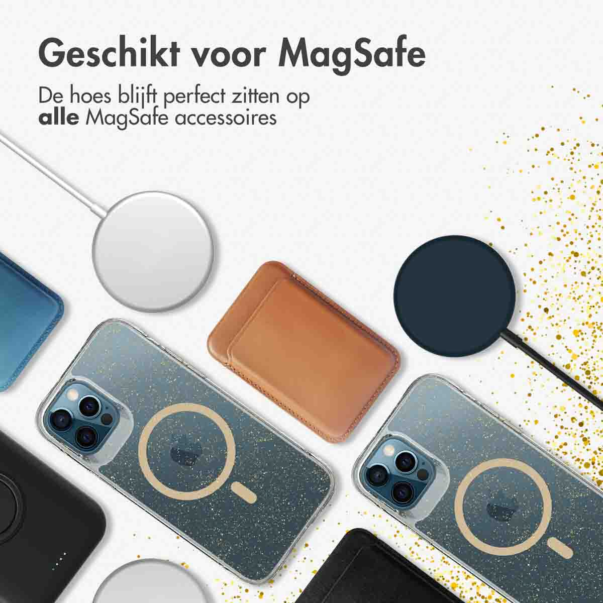 Afbeelding met telefoonhoesjes en oplaadapparaten. Witte achtergrond met gouden glitters.