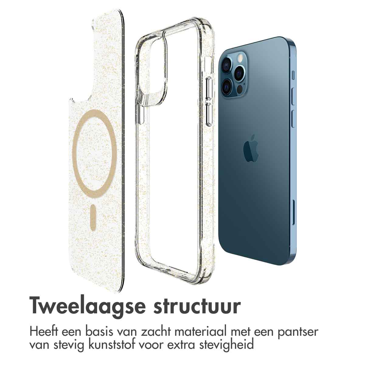 Onderdelen van telefoonhoesjes. Een doorzichtige hoes, een goud gespikkelde hoes en een telefoon.