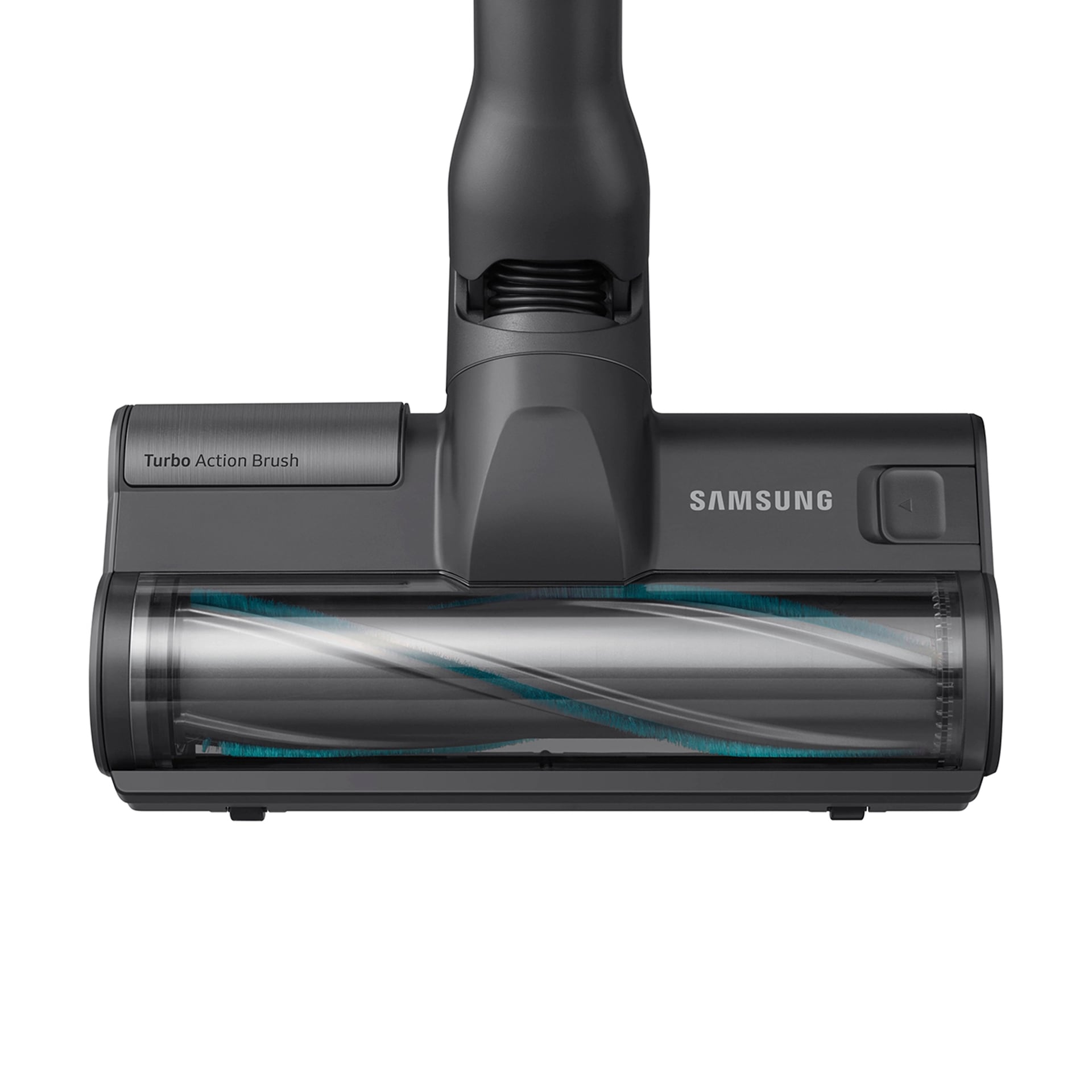 Dunkelgrauer Staubsaugerkopf mit Samsung-Logo und rotierender Bürste.