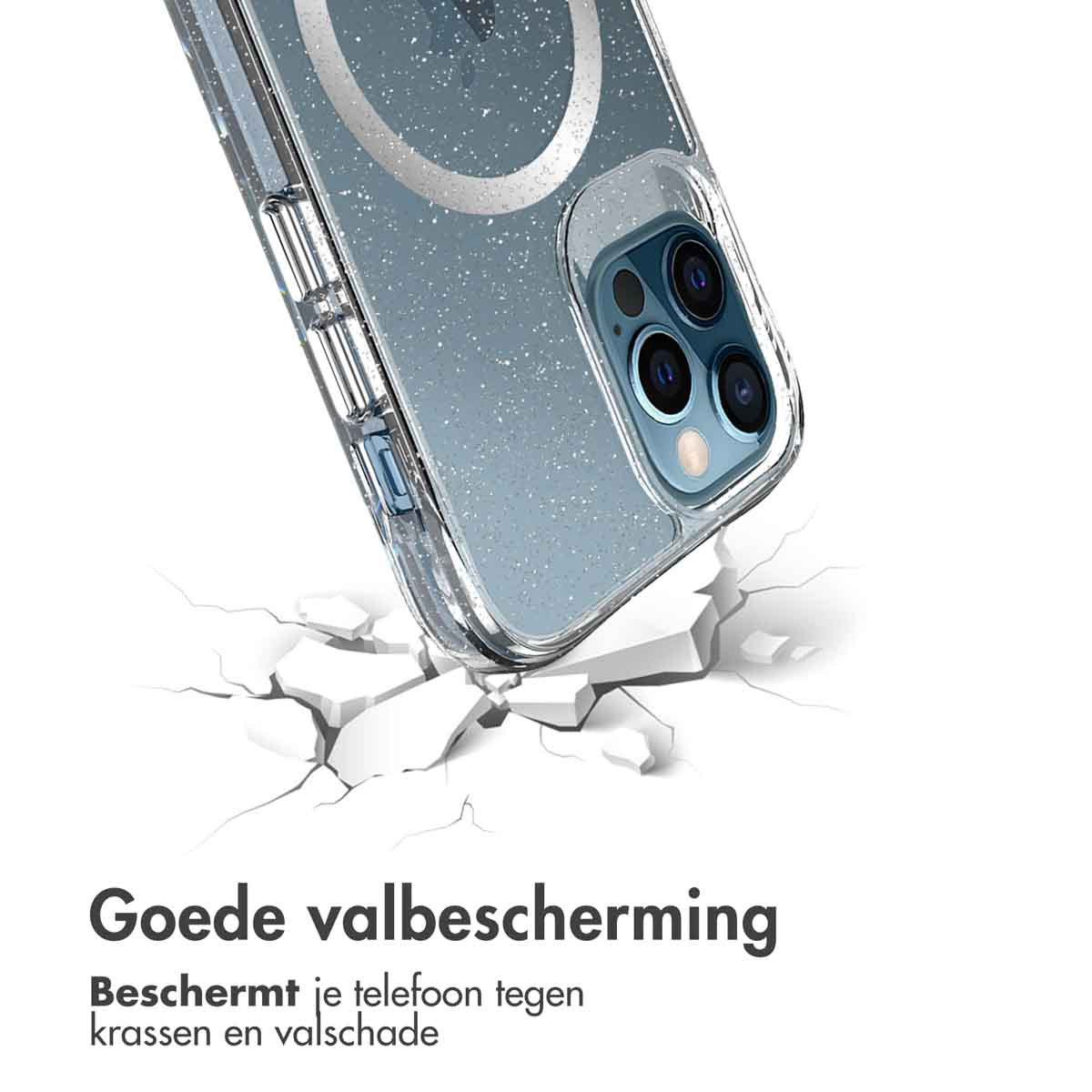 Een telefoonhoesje met telefoon erin, dat aantoont dat het schokbestendig is.