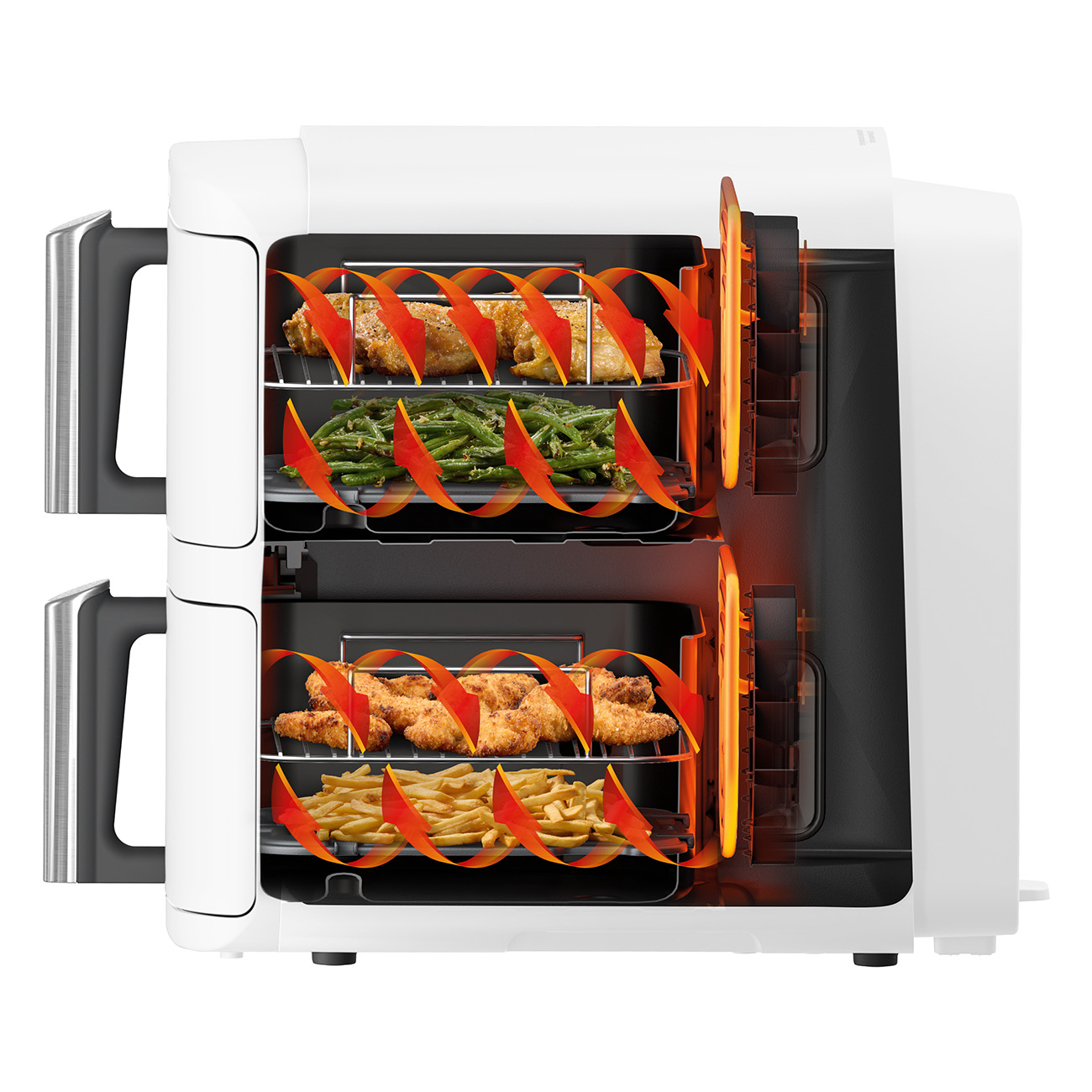 Biała frytkownica powietrzna z jedzeniem w środku, pokazująca proces gotowania. Widoczne są dwie półki.