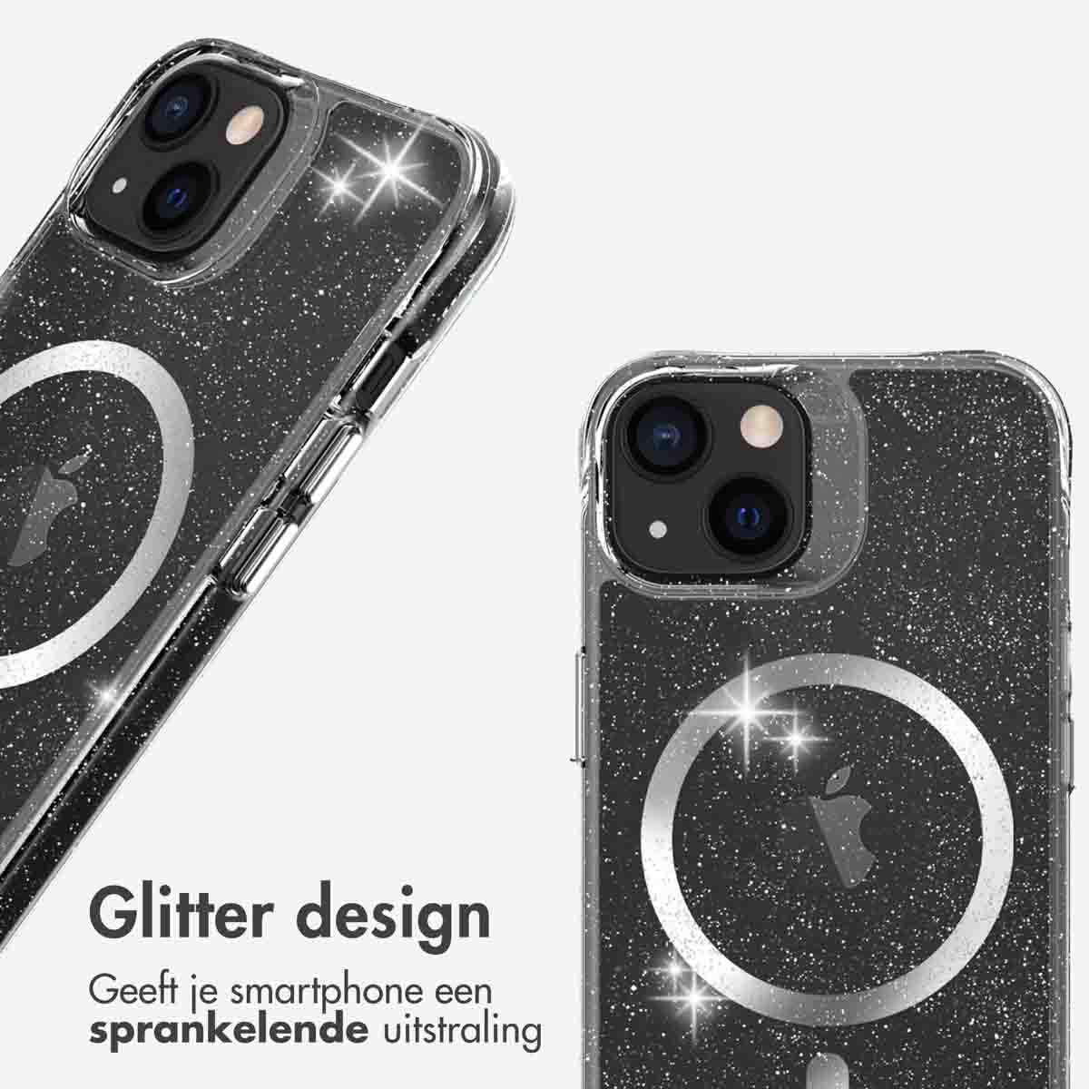 Deux coques de téléphone avec un design à paillettes, montrant un téléphone avec le logo Apple.