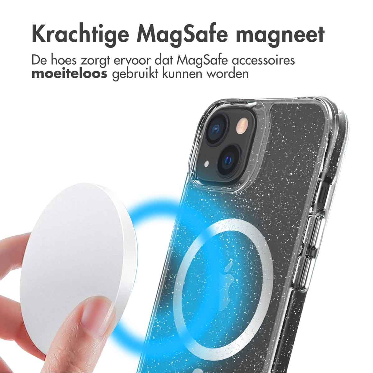 Un téléphone dans un étui avec un aimant MagSafe est montré, avec un aimant circulaire blanc.