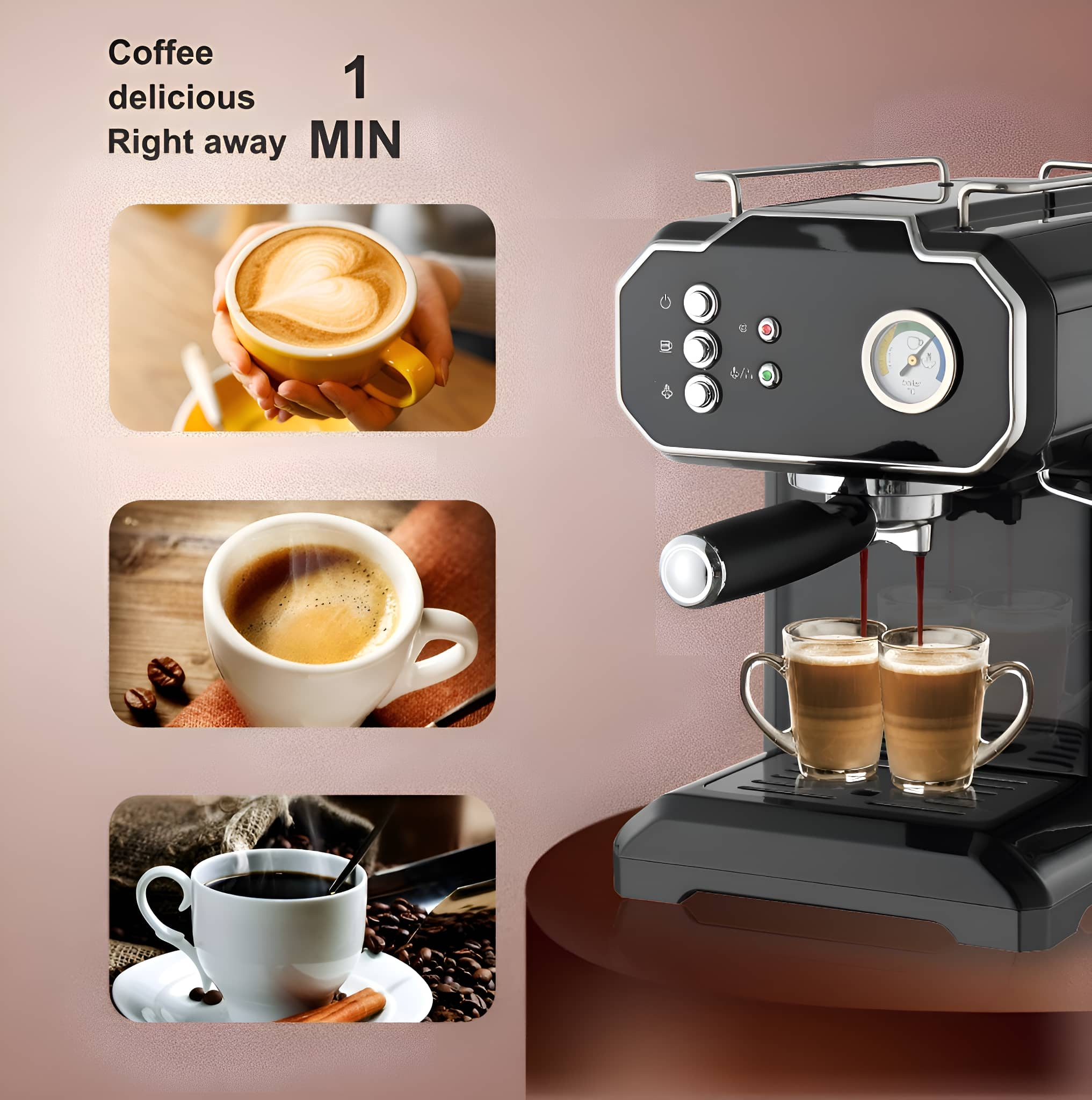 Kaffeemaschine mit Kaffeetassen, Kaffeebohnen und einem herzförmigen Latte.