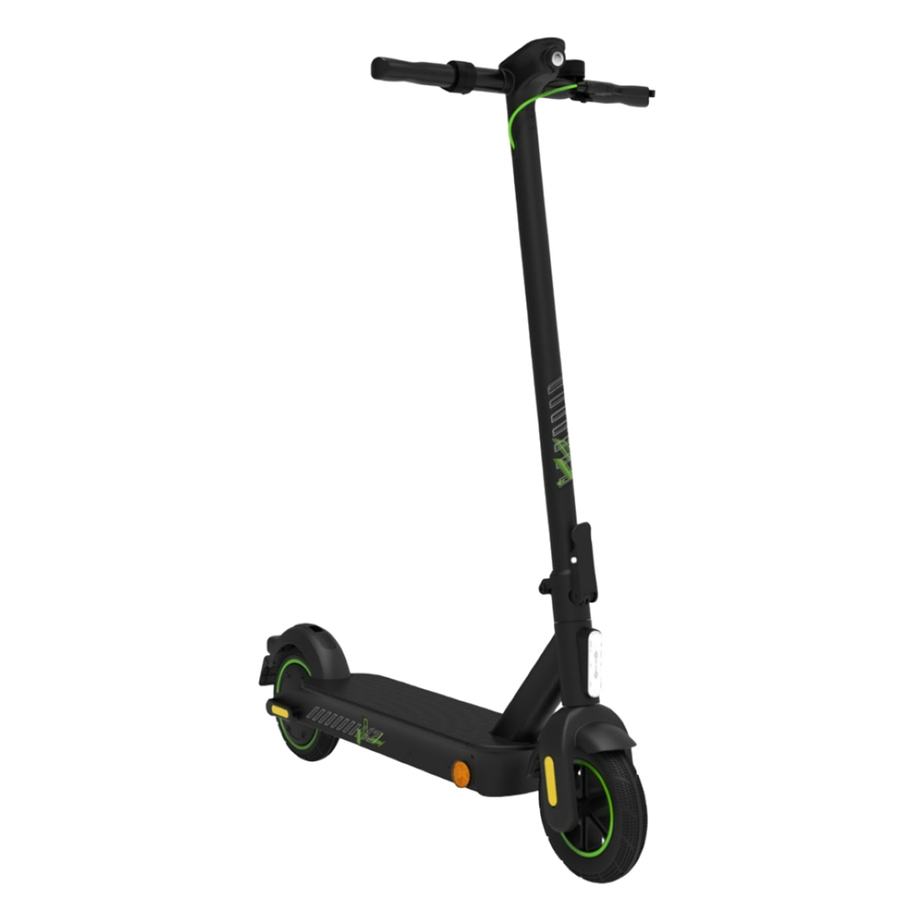Czarna hulajnoga elektryczna z zielonymi akcentami na białym tle.