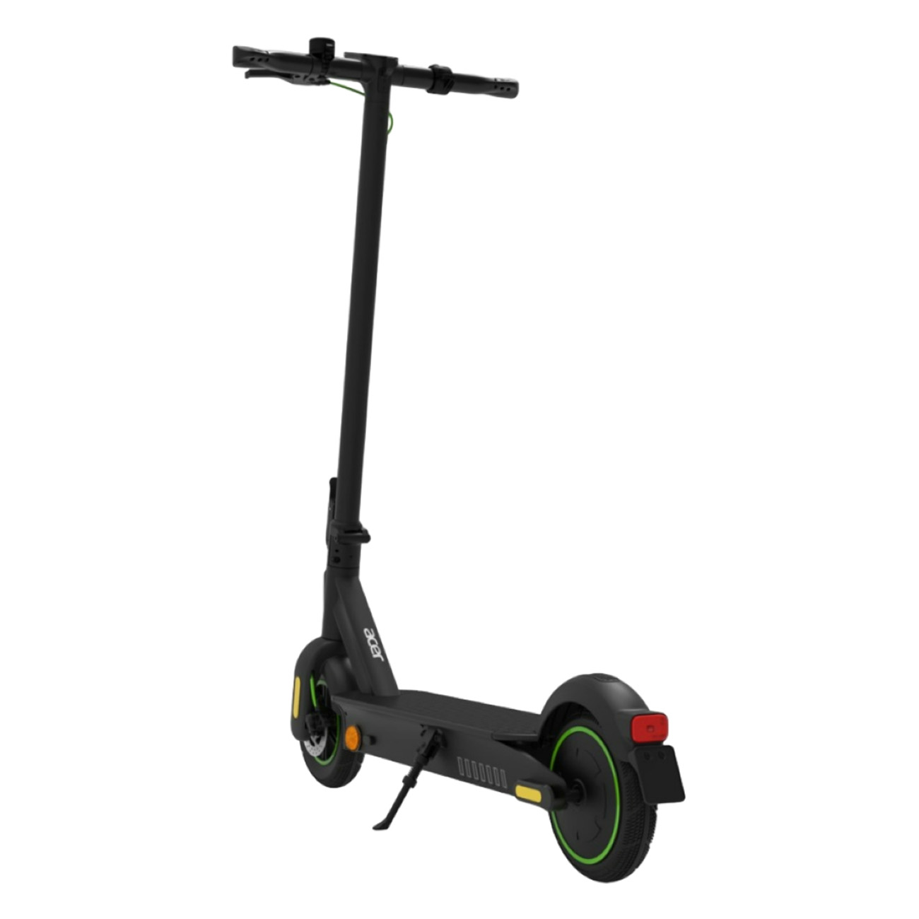 Czarna hulajnoga elektryczna Acer na białym tle. Hulajnoga ma zielone akcenty na kołach.