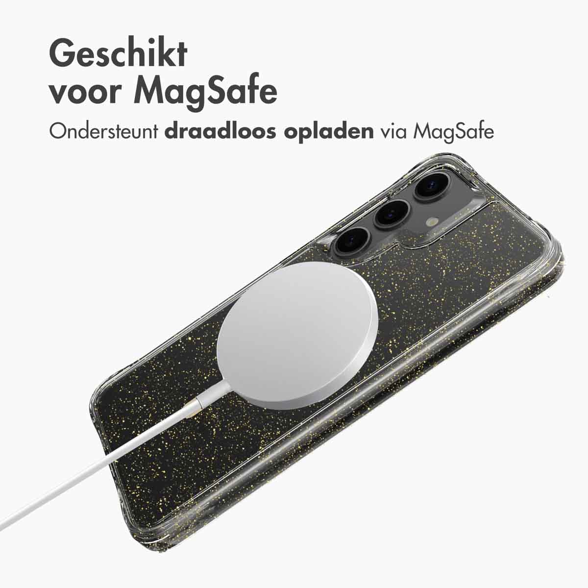 Telefono con caricatore MagSafe collegato. Il testo indica il supporto per la ricarica wireless con MagSafe.