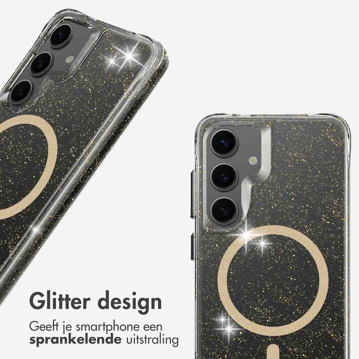 Due custodie per telefono con design glitterato. Il testo dice: 'Design glitter, dona al tuo smartphone una radiosa brillantezza'.