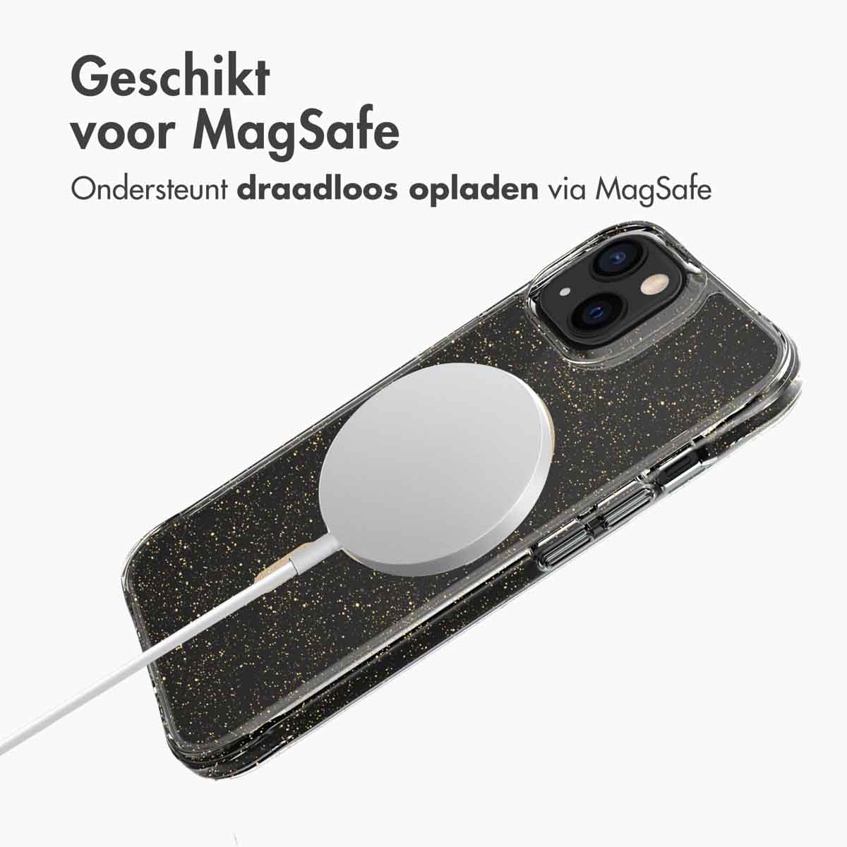 Téléphone sur chargeur sans fil. Texte: Convient MagSafe. Chargeur blanc.
