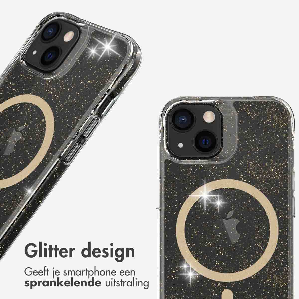Coque de téléphone avec paillettes et logo Apple, texte dit 'Design Glitter'.