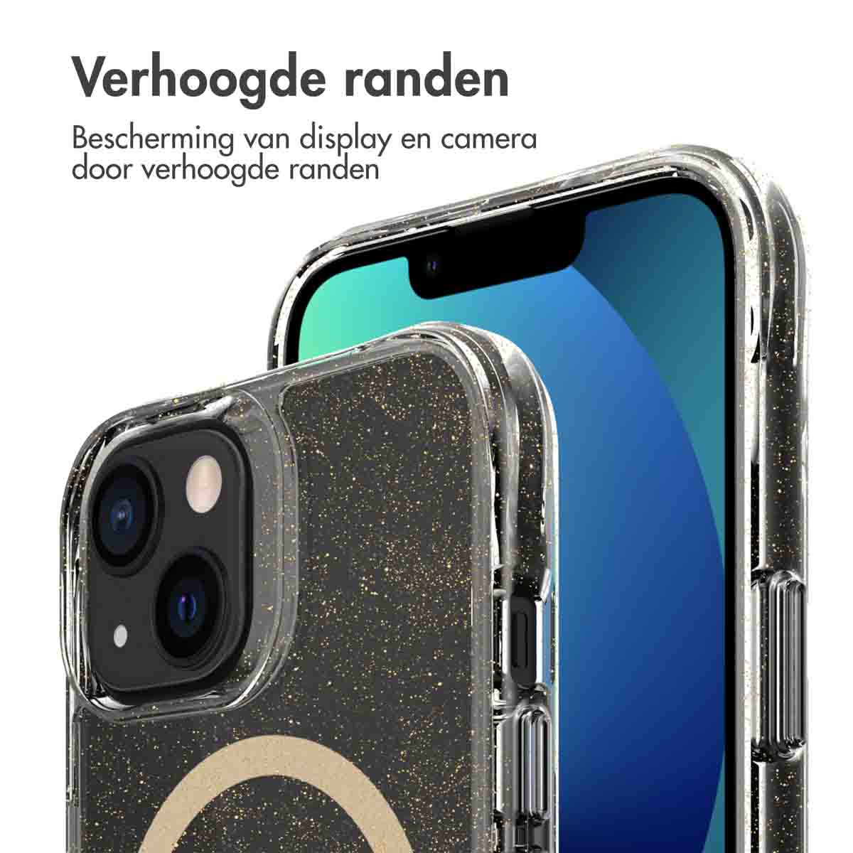 Gros plan sur une coque de téléphone avec un motif à paillettes. Montre la caméra et les bords du téléphone.