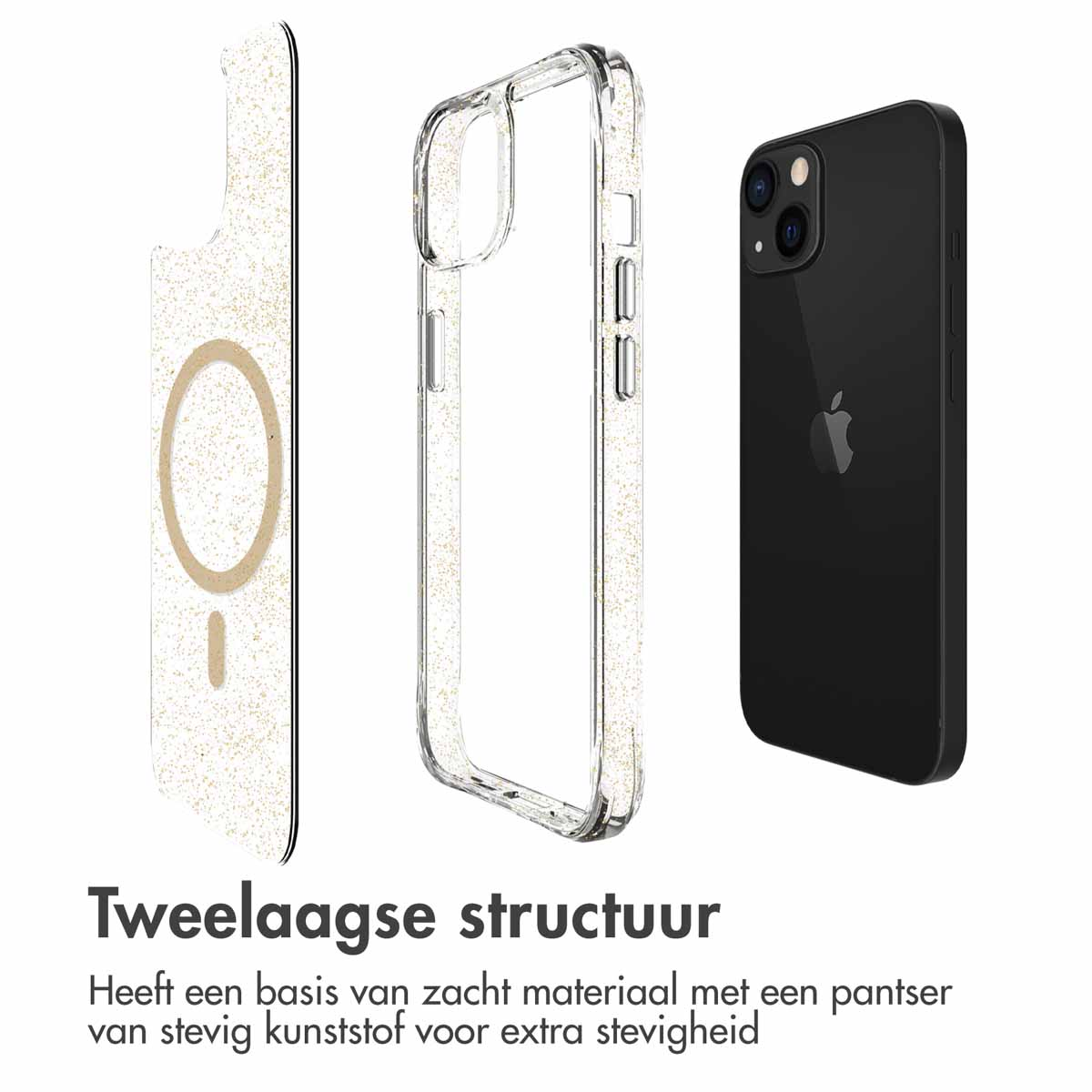 Téléphone avec coque, coque transparente et partie de coque séparée. Texte : 'Structure à deux couches'.