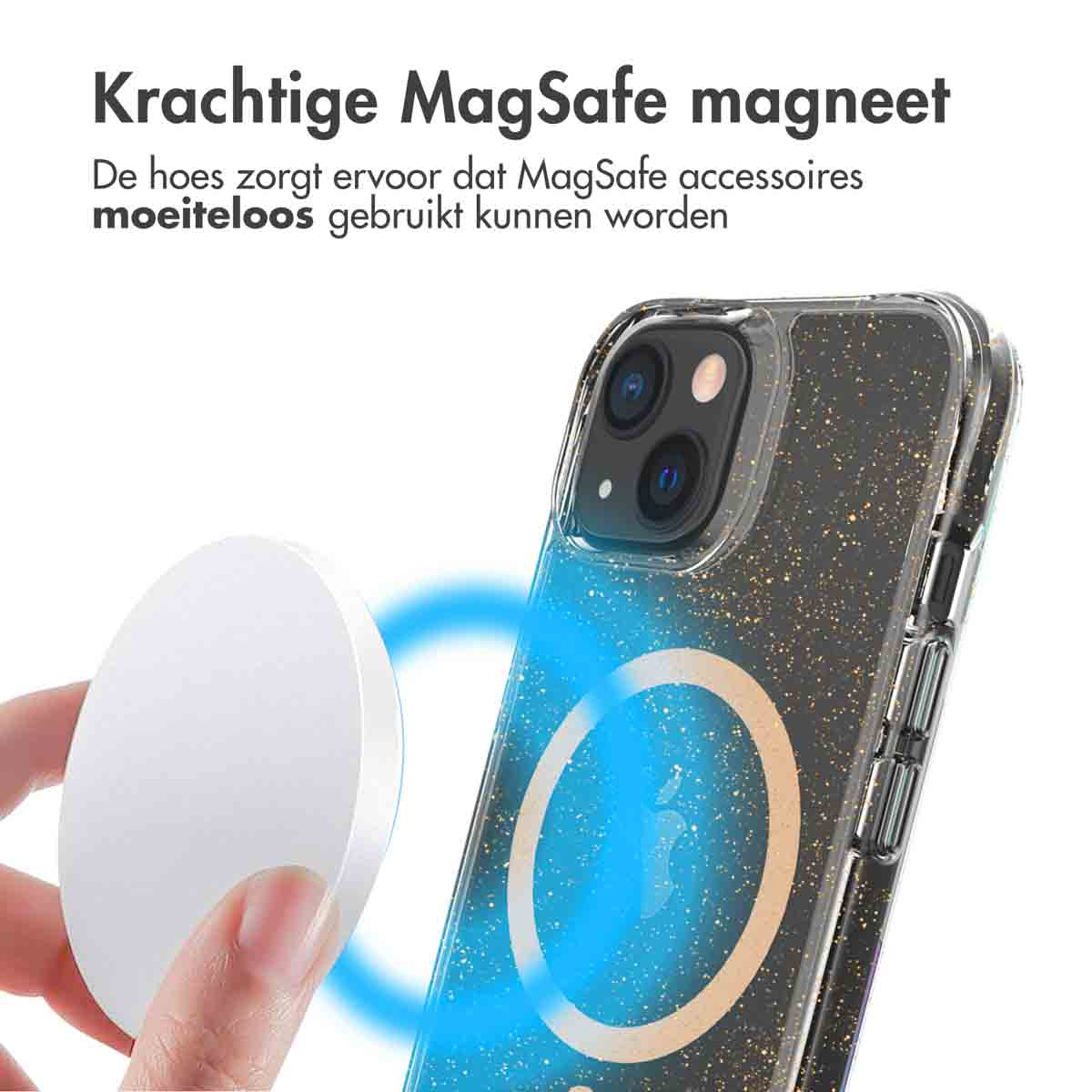 Un téléphone dans un étui avec un anneau magnétique et un chargeur MagSafe blanc.