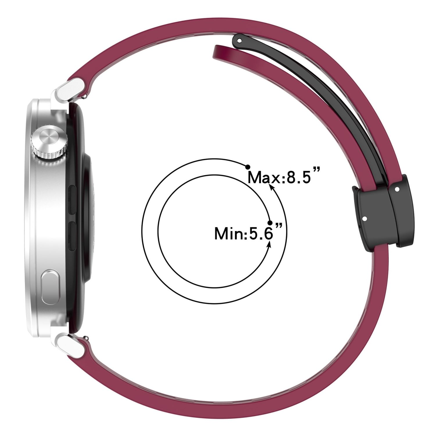Silberne Smartwatch mit weinrotem Armband. Das Armband hat eine schwarze Schnalle und zeigt Größenangaben.