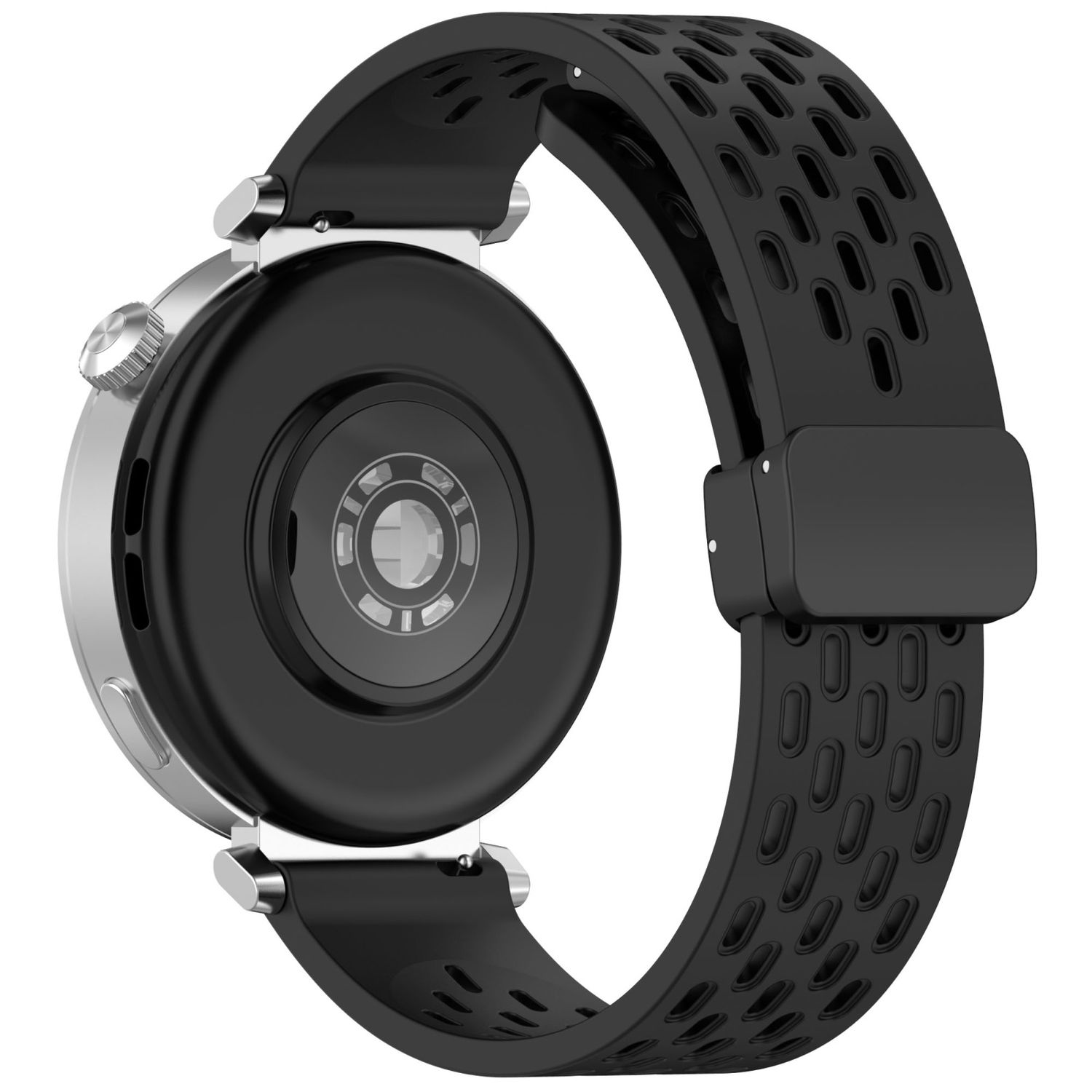 Smartwatch mit schwarzem Armband, Unterseite sichtbar. Enthält Sensor und Bandbefestigungen.