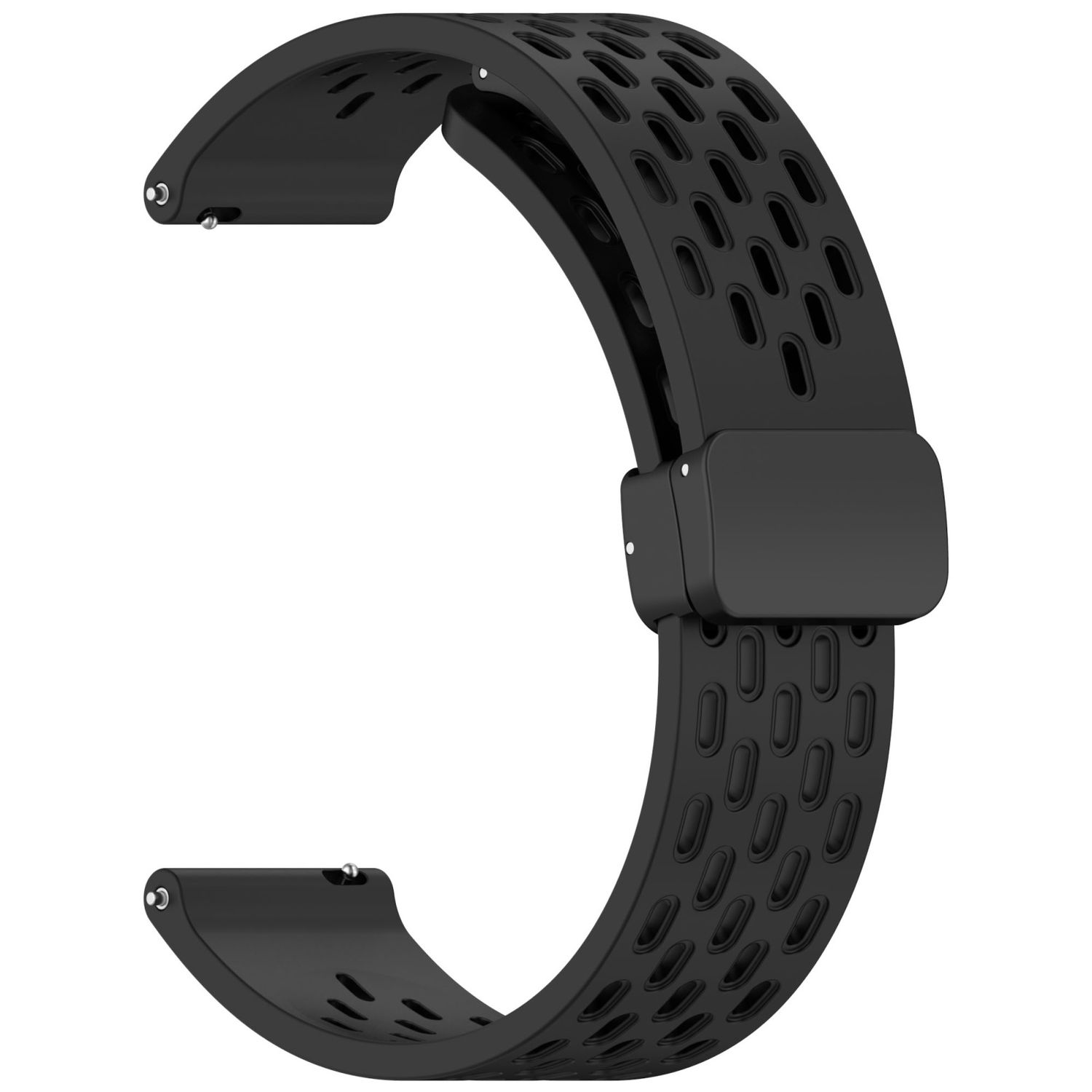Ein schwarzes Uhrenarmband mit perforierten Löchern und einem Verschluss.