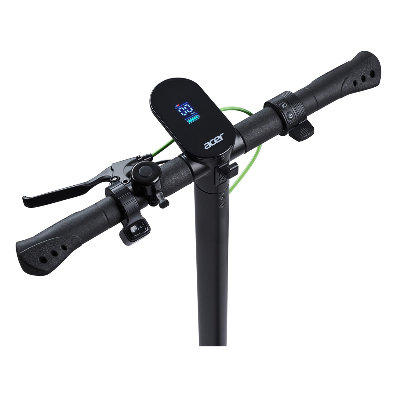 Nahaufnahme des Lenkers eines schwarzen elektrischen Acer-Rollers.