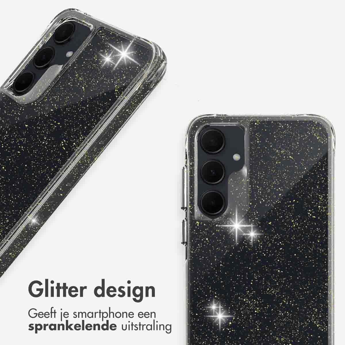 Zwarte telefoonhoes met goudkleurige glitter. De tekst luidt 'Glitter design' en geeft de smartphone een stralende look.